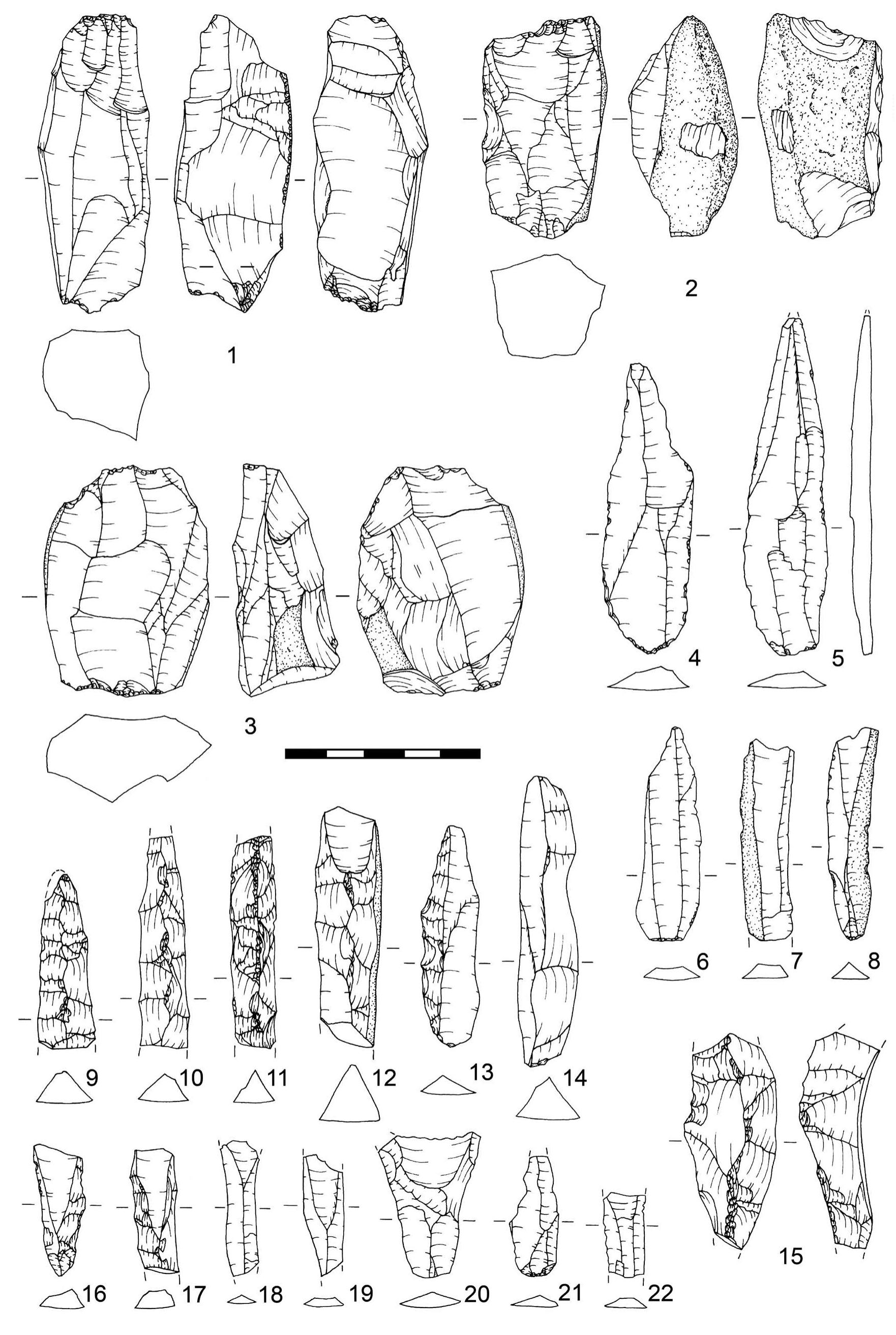 Fig. 6. Bidirectional blade technology at Middle PPNB Nahal Efe. All the artefacts were made using a range of local flint varieties, except No. 1, 3 and 16 which are patinated. 