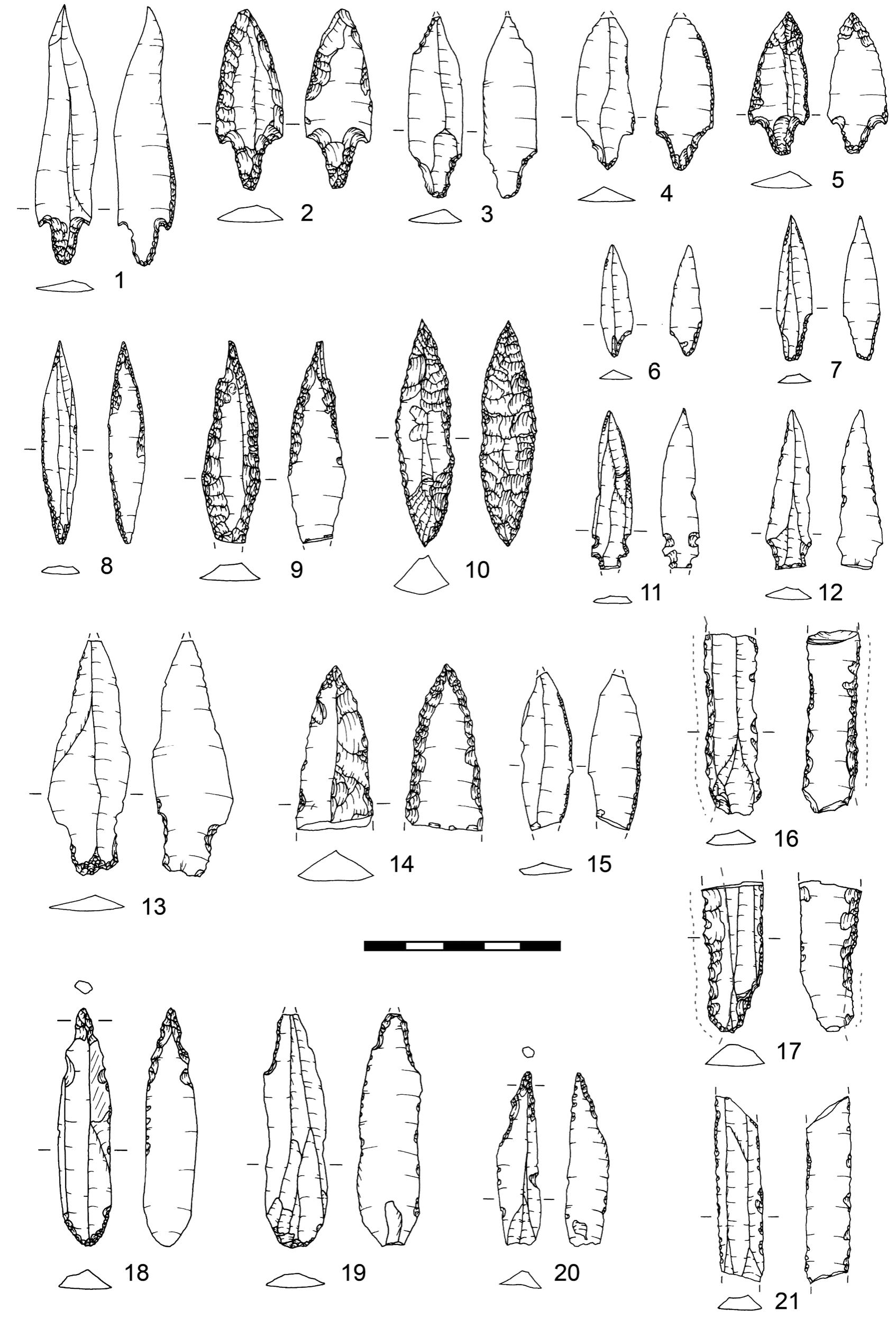 Fig. 7. Projectiles and other retouched tools from Middle PPNB Nahal Efe. Jericho point No. 2 and sickle blade No. 17 were made with exogenous pink flint. The rest of the artefacts were made with a range of local flint varieties except No. 5, 10 and 11, 14 (patinated) and No. 9 (burnt). Note: sickle blade No. 16 is only shown for comparative purposes as i  was found on the surface only a few metres from Unit 2 during the 2018 season. 