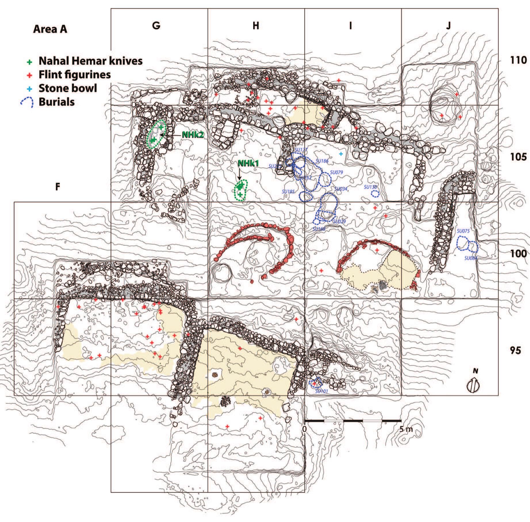 Fig. 4. Location of the two caches of Nahal Hemar knives found at Kharaysin (Area A). 