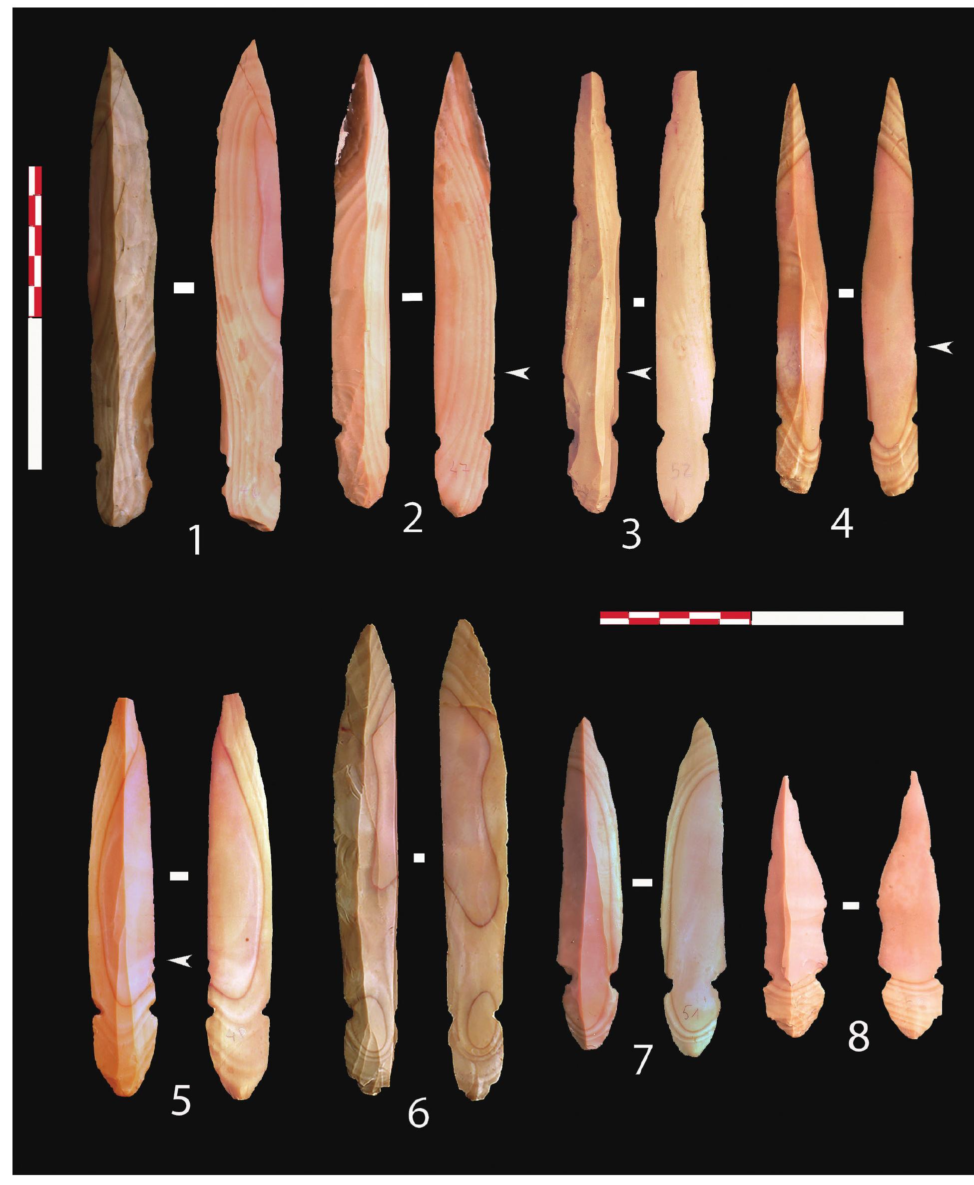 Fig. 5. Nahal Hemar knives from Kharaysin (cache NHk1) that were selected for use-wear analysis. The arrows in N°. 2-5 indicate edge micro-scarring not associated with microwear polish but probably related to the hafting of the knife. 