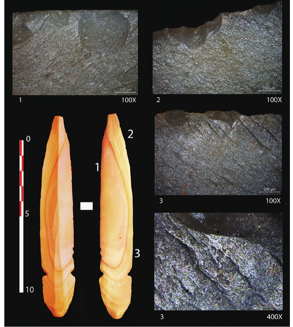 Fig. 10. (1, 2) Nahal Hemar knife found at Kharaysin showing use-wear traces of cutting soft animal tissue; (3) Traces of friction probably related to hafting. 