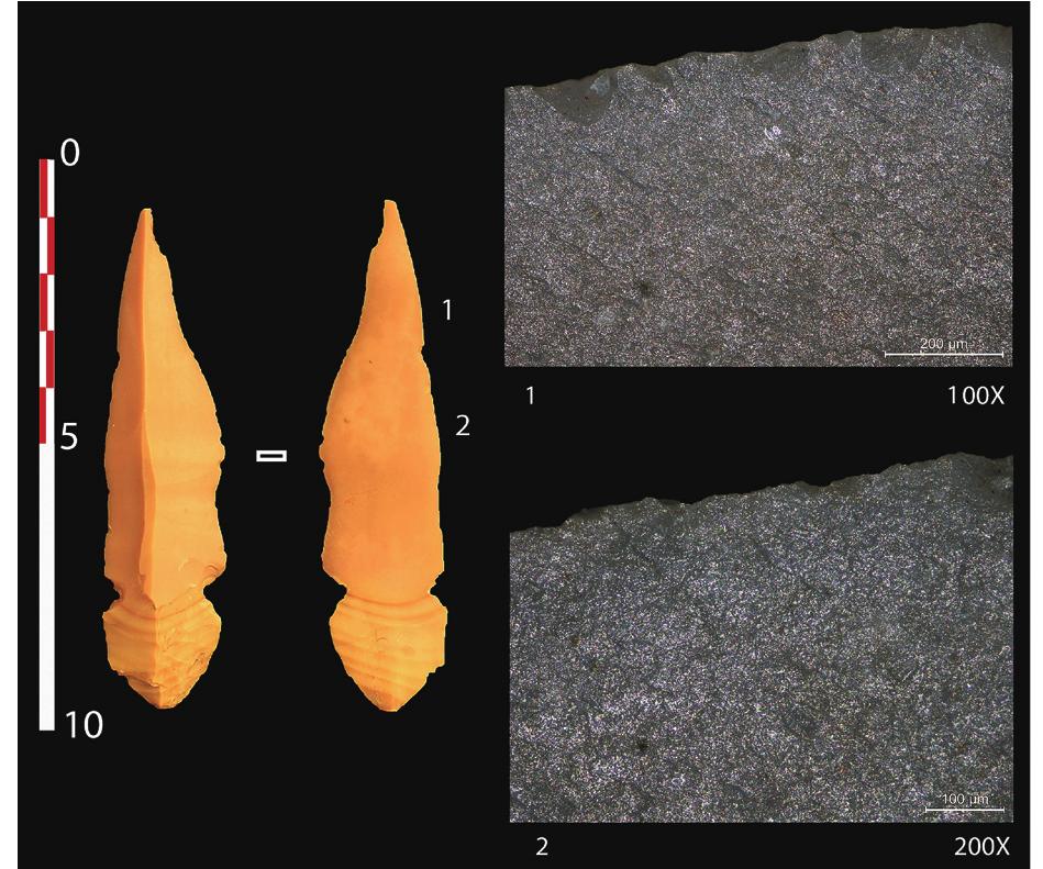 Fig. 14. Nahal Hemar knife found at Kharaysin showing traces too weak to be identified (1, 2). However, the location and size of the use-wear traces suggest that they could be related to contact with undetermined soft material. 