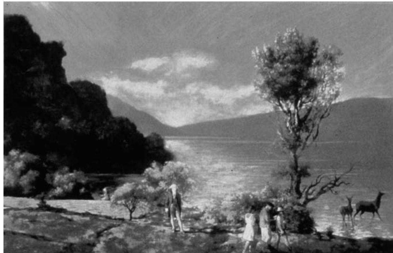 Fig. 10. Komar and Melamid, America’s Most Wanted, oil and acrylic on canvas,  24 x 32 in, 1994. (Courtesy Ronald Feldman Fine Arts, New York. Photo: D. James Dee.) <www.diacenter.org/km/homepage.html>. Komar and Melamid introduced an empirical method of painting by basing their painting on professional, large-scale market research  surveys, also a way to bridge art and science. Their paintings are indicative of biological  evolution in that they depict the human habitat preference. 