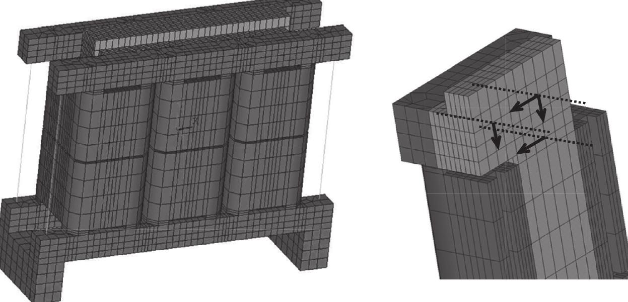 Overall and section views of finite element model used in
