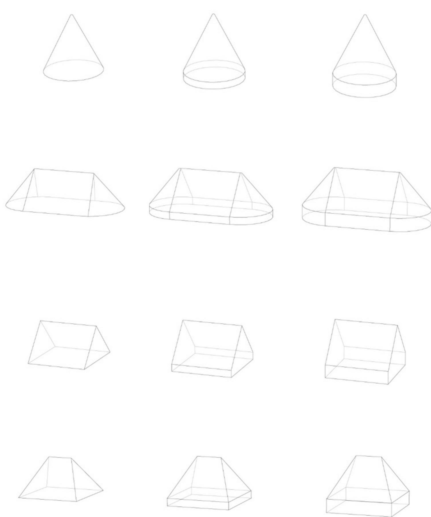 Basic shapes with three-dimensional projections of different
