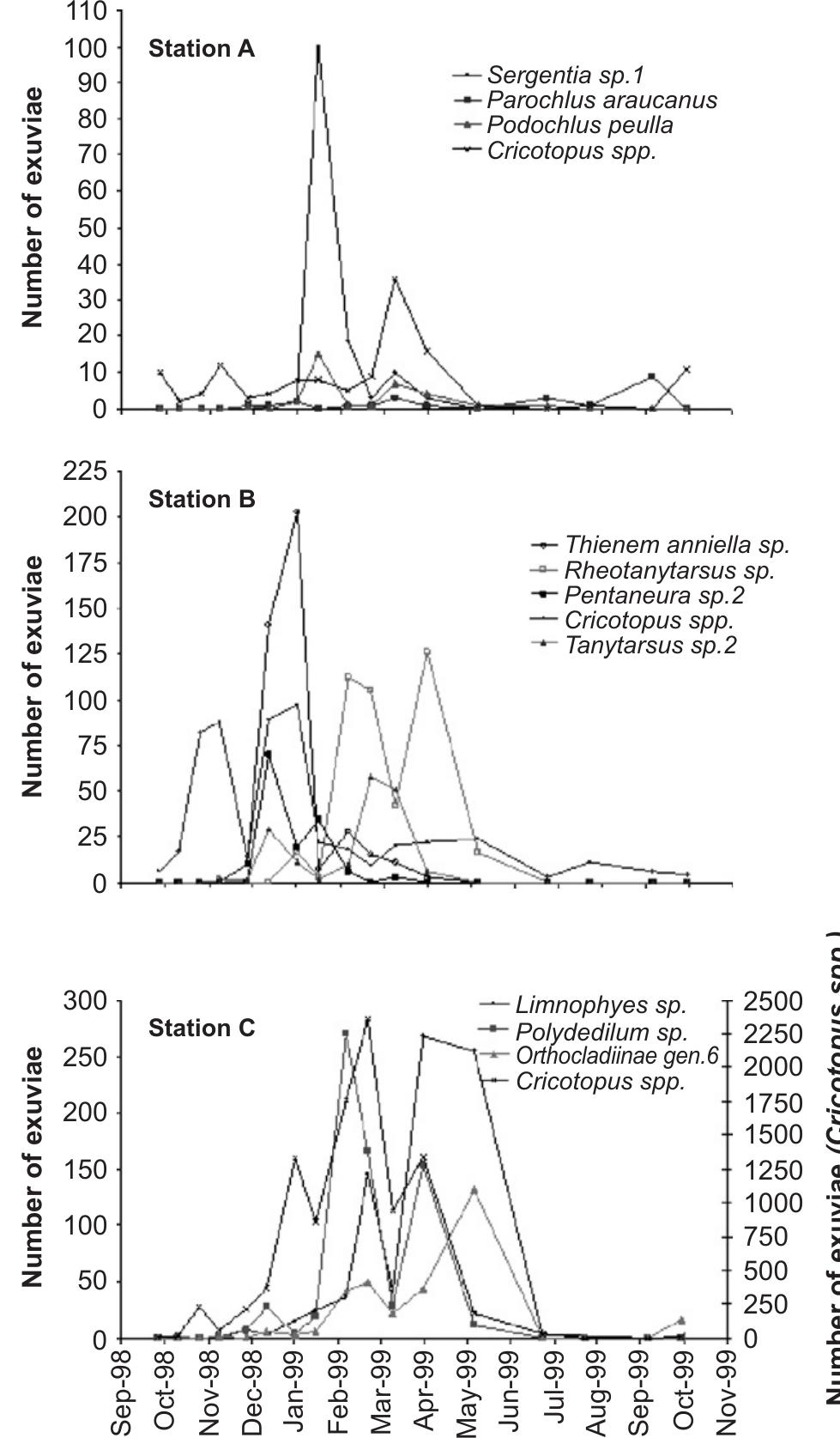 Fig. 4. Taxa abundance during the study period in the three sampling stations. 