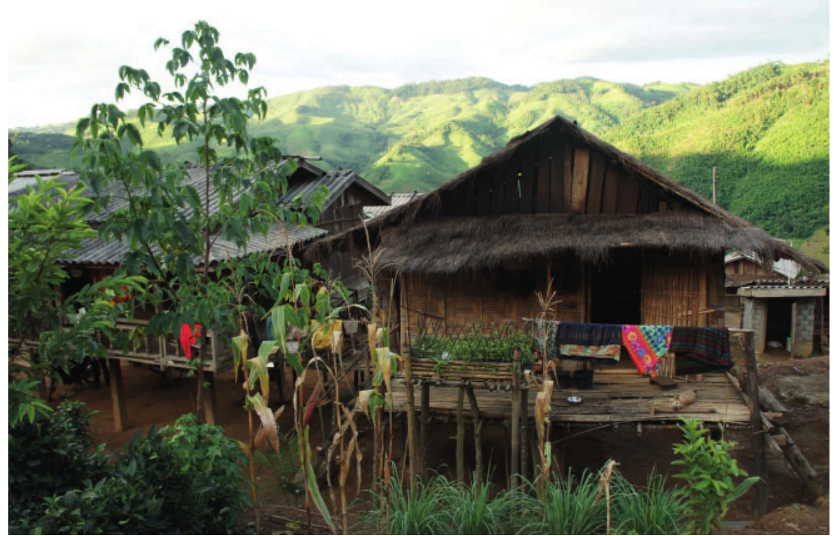 Figure 2. In the Ksingmul village at the top of the Harma watershed. Across the valley to the left are more Ksingmul villages, Hmong villages and then the Vietnamese border.  the Ksingmul have interacted with their neighbors within the socioecological context of upland forests. The multiple meanings of the forest that are encoded in Ksingmul memory and imagination reflect notions about their position within the local political structures that have been in flux, featuring periods of more and less strong social agency (Figure 2). The overarching political structures, together with the local landscape of daily life, form a framework of morality through which they imagine their history as a part of larger regional cosmology. 