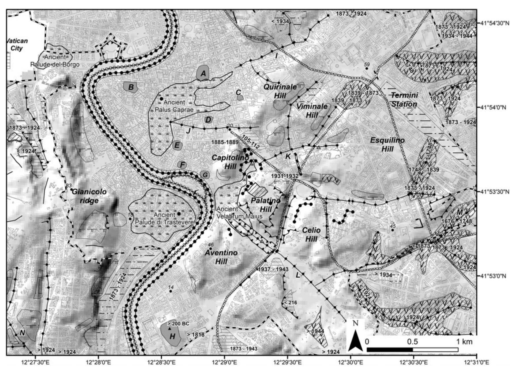 Anthropogenic landforms map of rome (latium, central italy).