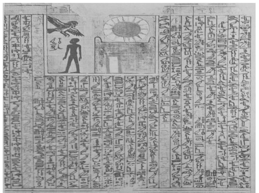 for all of them share the same function of providing an exit of the dea from the darkness of the netherworld to his rebirth. This idea was nc iconographically proven before the Book of the Dead vignettes as 1 that of chapter 92 in the papyrus of Neferwebenef (Louvre III 93). Th scene shows the deceased’s bA and Swt getting out from the tom whose facade is depicted with its upper part has two bulging end between which the sun disk shines and emanates its rays so as t resemble the Axt sign of the horizon.'! These two protruding side could be equated with the two mountains of the horizon that provid an entrance and exit to the eastern and western horizons of the sk According to the annotations of the chapter, the tomb is open for th bA and Swt of the dead so as to go out into the day which is reflecte in the vignette.!* The fact that the bA of the dead returns also throug the same door suggests that the door of the tomb plays a dual role bein an assimilation of both the eastern and the western gates of heaven.  an assimilation of both the eastern and the western gates of heaven.  Fig. 1: Vignette of the BD chapter 92, Papyrus of Neferwebenef, Louvre III 92, mid 18" Dynasty 