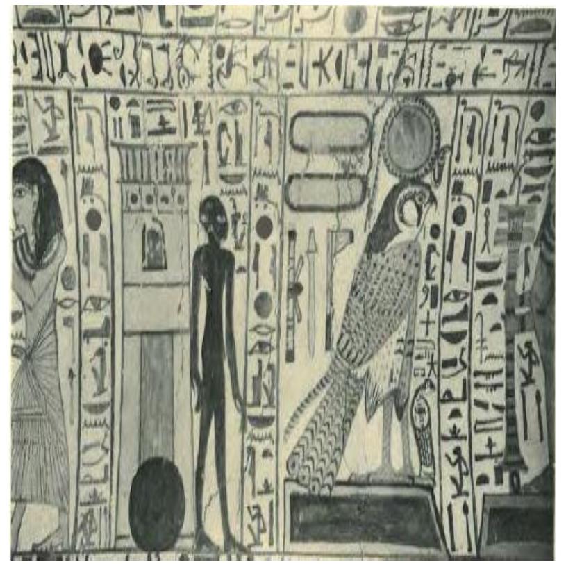 leave the door of the tomb.’ In this version of the vignette, only the Swt of the dead and the sun god go out in the day to start their diurnal journey. The door of the tomb is topped with a cavetto cornice under which there is a panel decorated with repetitive patterns of nHH signs. Due to the correlation between the nHH signs and the idea of the assimilation between the door of the tomb and the Door of Heaven, the vignette of the BD chapter 92 from the tomb of Nebenmaat refers to the cyclic movement of the sun god, who is identified with nHH, along with the dead in his following between the eastern and the western doors of the horizon.  Fig. 2: Vignette of the Book of the Dead chapter 92 — Tomb of Nebmaat, T.T. 219, Deir el Medina 