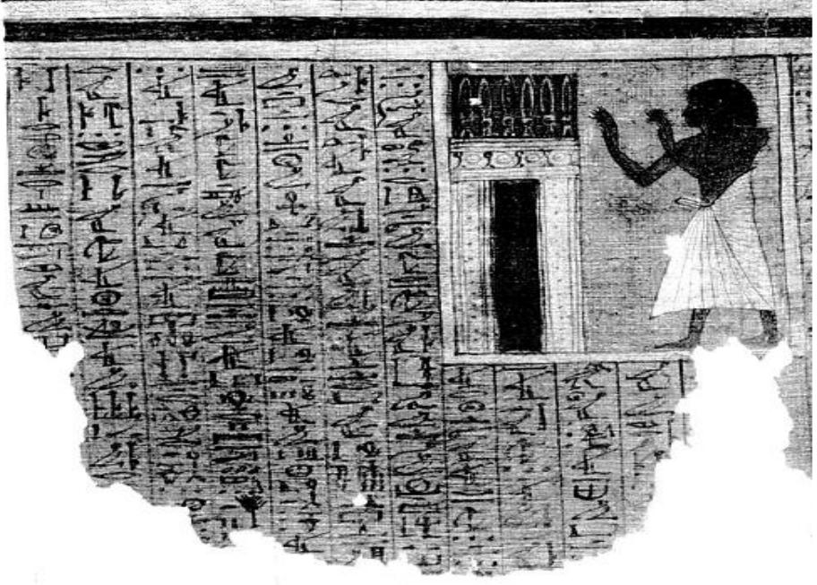Fig. 4: Papyrus of Neferrenpet, Musées Royaux d'Art et d'Histoire, Bruxelles, E. 5043  The depiction of the nHH pattern is shown on a similar door in the papyrus of Neferrenpet which is decorated with XAkrw motifs on the top followed by repetitive NHH signs below in a horizontal way. The  deceased is shown striding towards the door while raising his hands in adoration. This portrayal is the vignette of BD chapter 72 where the  nHH signs are also referring to the unending solar cycles around the door that represents the eastern and western horizons. Comparing this vignette with that one in the tomb of Nakhtamun as well as that of BD chapter 92 from the tomb of Nebmaat, the D.t sign is not represented. However, it could be understood that the D.t is replaced in here with the netherworld itself revealed in the form of the interior of the tomb door from which nHH emerges and born. 