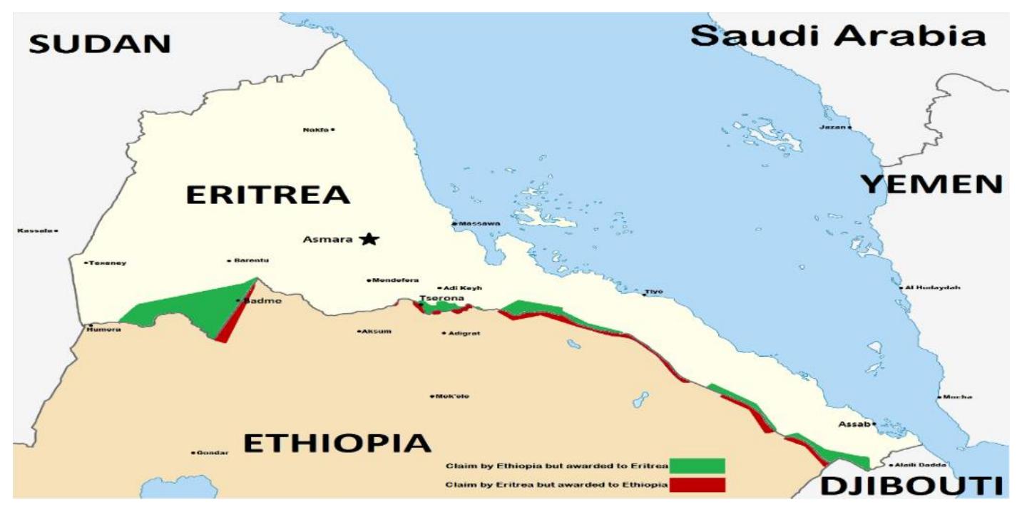 A map showing the border area between Ethiopia and Eritrea.