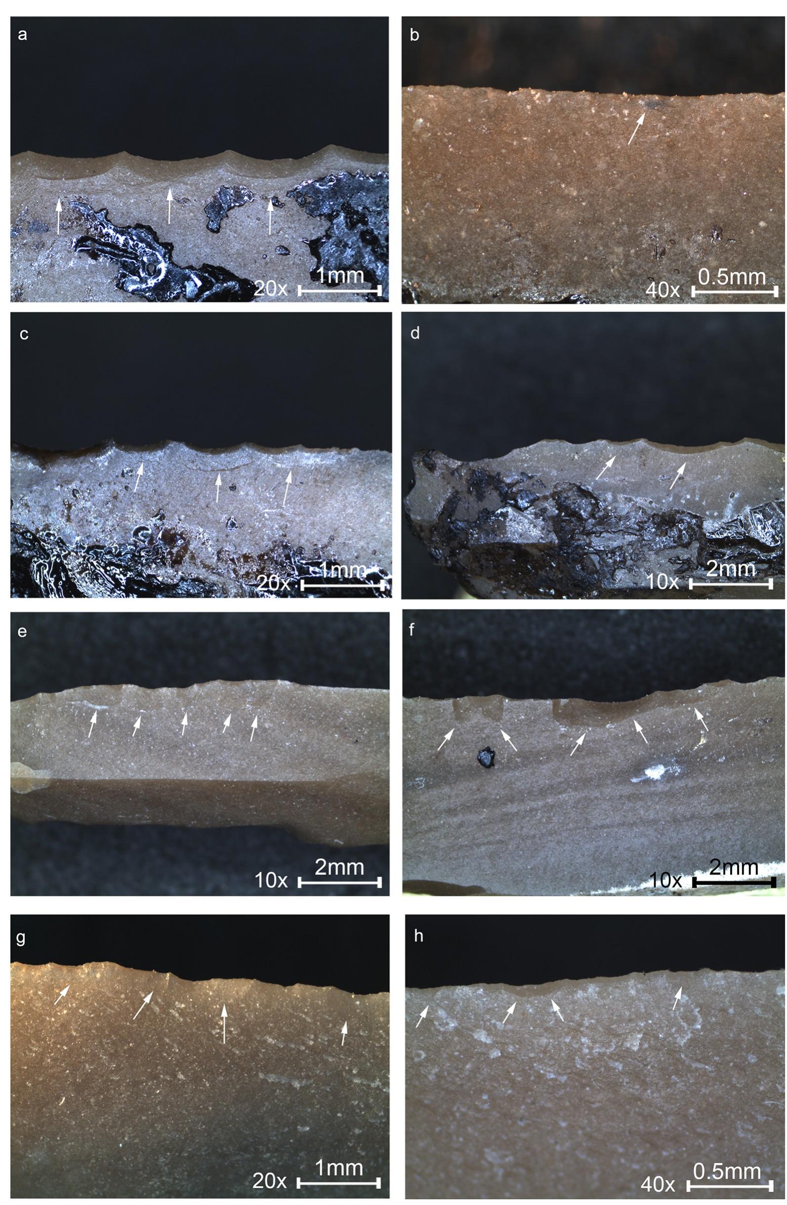 Fig 8. Macrographs showing macro-wear on experimental tools from the experiments in this study. (a) Terminal- transversal hafting, shaving wood: edge removals close and run together, with bending initiation and step termination (marked by arrows), located at the middle part of the tool. (b) Terminal-transversal hafting, sawing wood: tiny edge removals with cone initiation and step termination in a cluster, overlapping and with an axis oblique to the working edge (an example marked by an arrow). (c) Lateral-longitudinal hafting, shaving wood: edge removals of the same type 