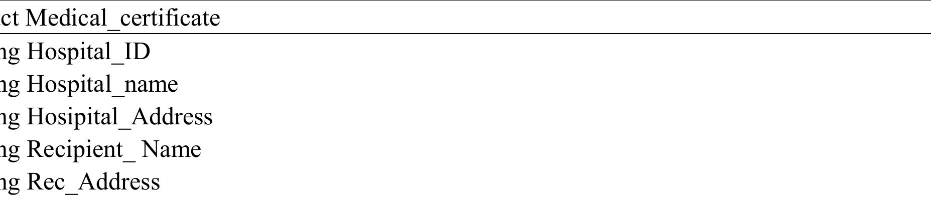 The smart contract is lines of code using solidity programming. Each operation in the proposec system is executed through smart contracts consisting of solidity programming lines [21]. This system is implemented in two ways i.e., using a Web-based distributed Application and 2 system-based application. Both the applications use solidity programming to write smart contacts fot performing the system operations like Cert issue ( ), Cert revoke ( ) and Cert verify ( ). The attributes of the certificates are Hospital Name, Hospital ID, Hospital address, Doctor Name. Certificate type, Recipient Name and address, a unique ID of the certificate in terms of a hash value. The structure of the main attributes of the medical certificate are as follows. 