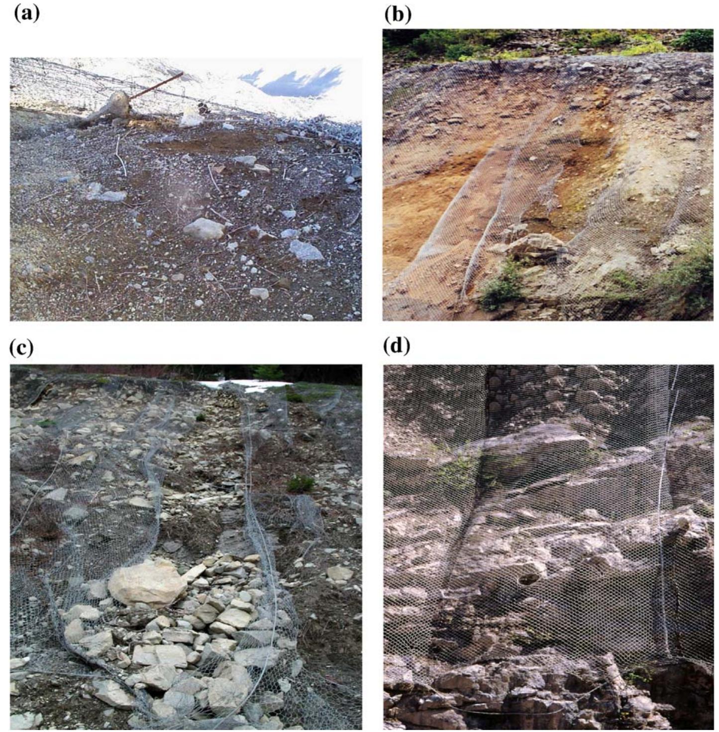 Illustrative examples of drapery mesh system failure: (a)
