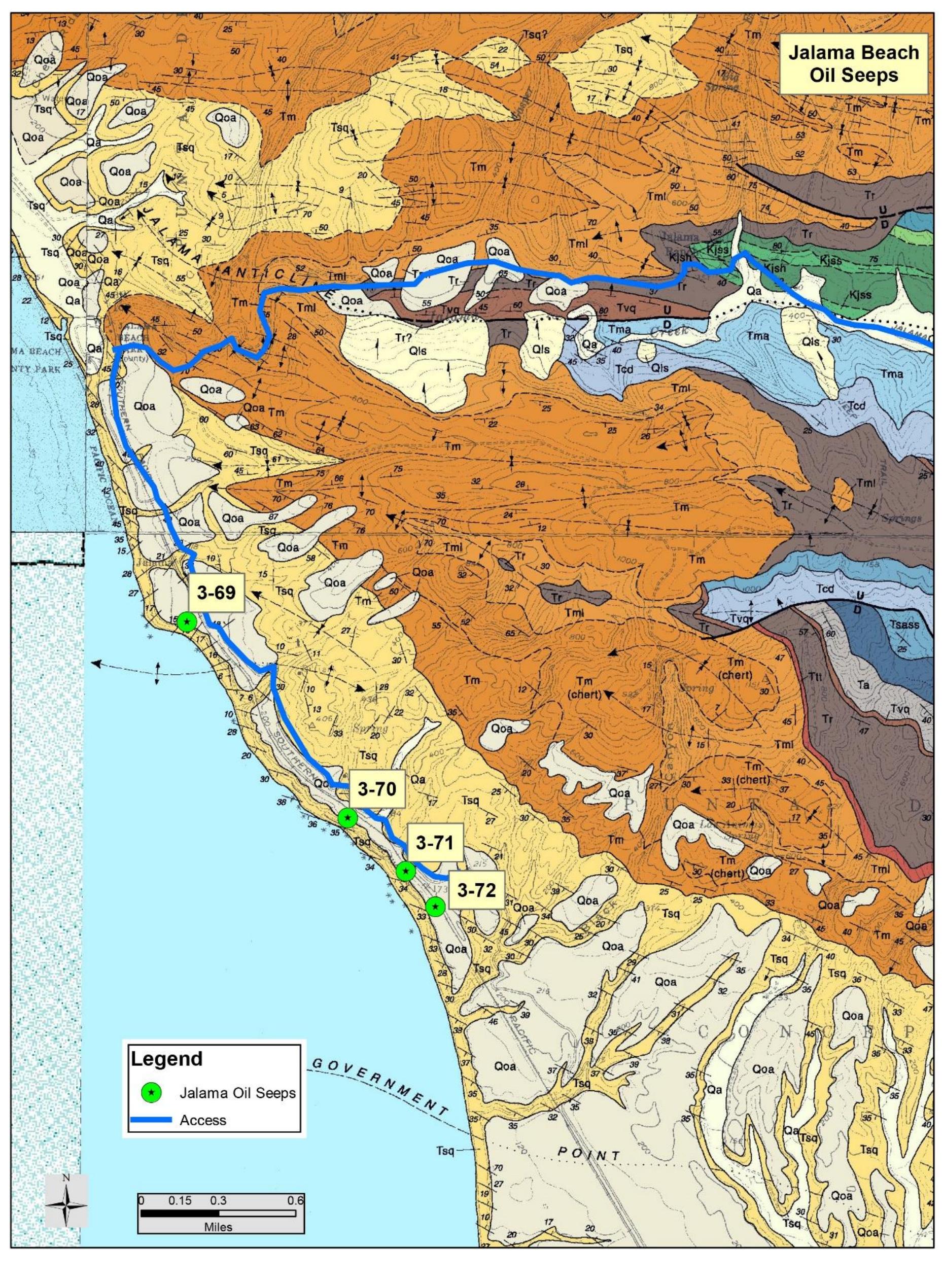 Geologic map of the jalama oil seeps and surrounding area.