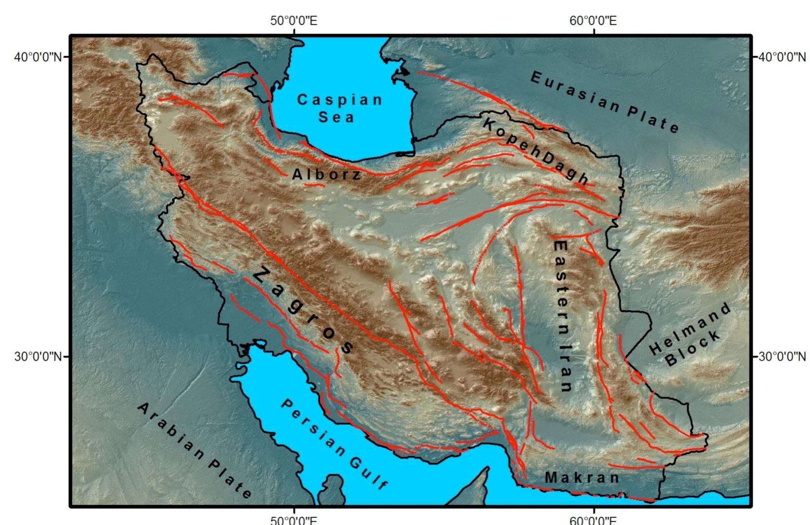 Shaded relief map shows the location of iran in the iranian