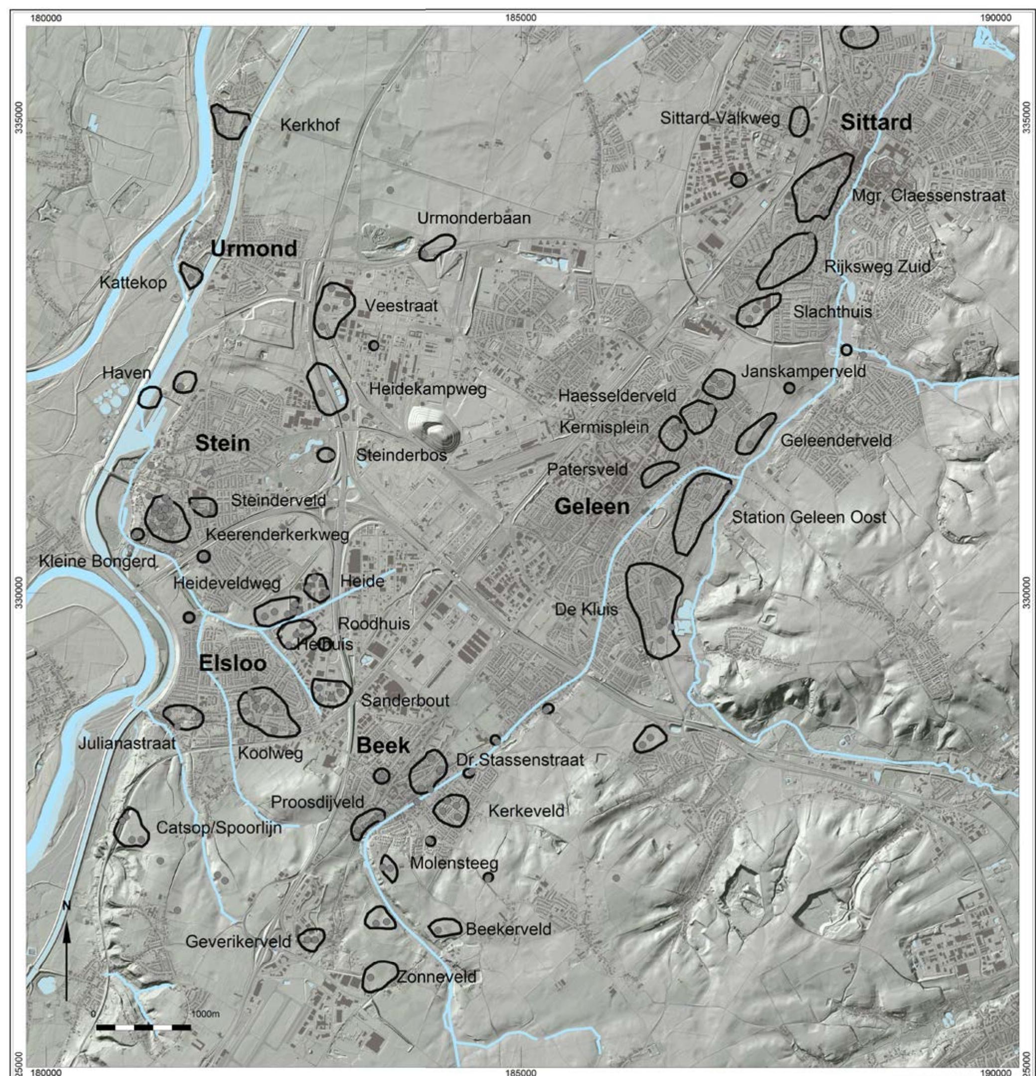 Fig. 2.3 Known LBK settlements with their presumed dimensions in the Graetheide region. 