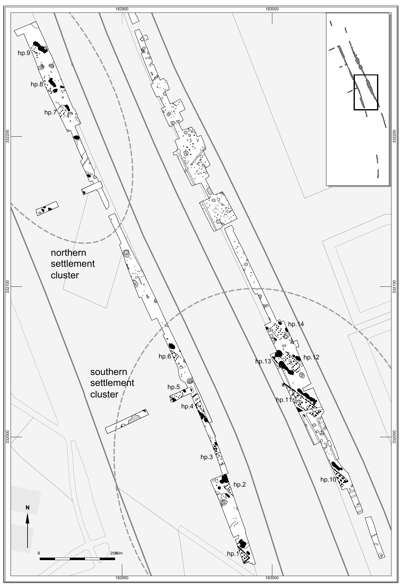 Fig. 2.4 Settlement plan of Stein-Heidekampweg. LBK features are in black, other (grey) feature: belong to the Iron Age settlement (source: Van Wijk et al. 2012, Fig. 7.1). 