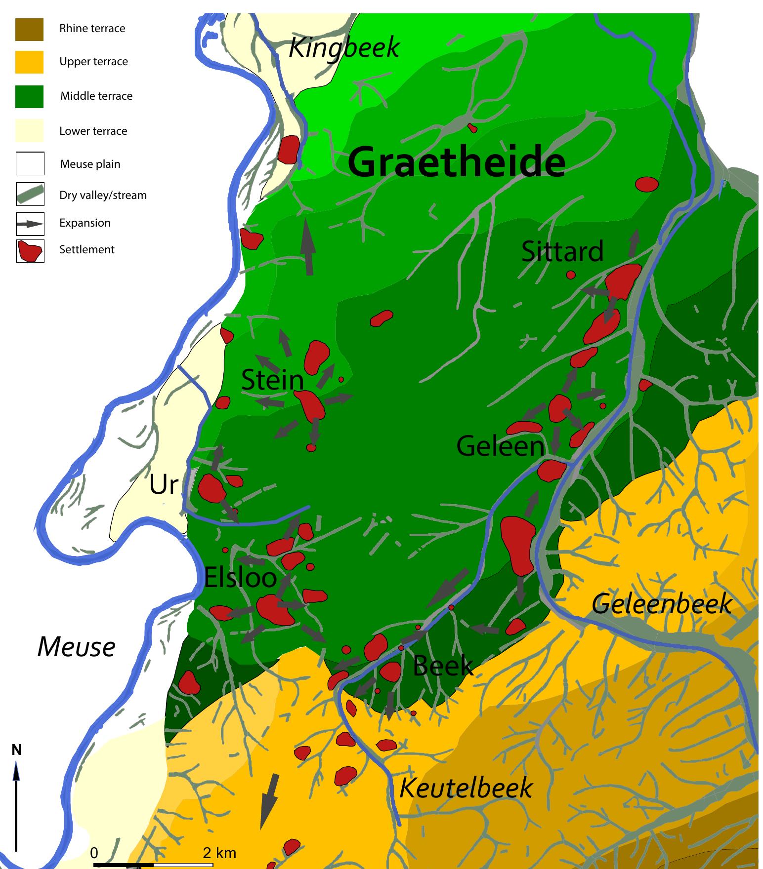 Fig. 2.5 Settlement dynamics in the Graetheide area. Estimated maximum extents of the settlements are shown i red (without assumed area for cultivated land). 