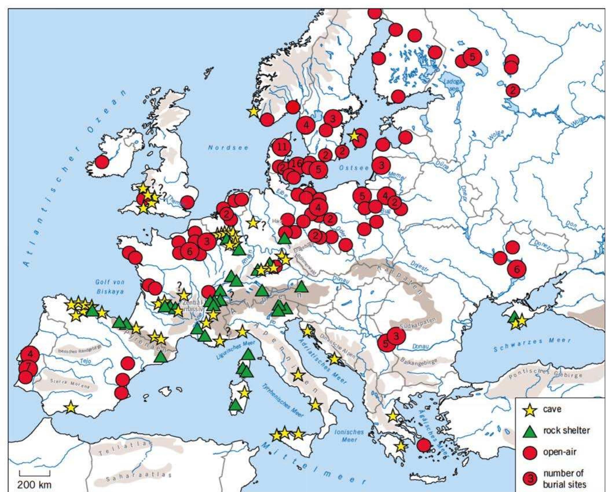 Fig. 3.1 Mesolithic burial sites in Europe. Larger circles indicate several adjacent open-air funeral places (source: Griinberg 2016, Fig. 1.).  The conditions of archaeological preservation and recovery prove to be crucial for our ability to study human remains. For well-  burials are more frequent, comprising a small concentration of cremated remains in the middle of a flint scatter at Oirschot V and cremated human bones at Dalfsen in one of the fire pits or hearths. Cremation pits have also been documented for an Early Mesolithic site in the Rotterdam area (Rotterdam-Beverwaard). These are to date the oldest burials in the Netherlands. It is interesting that these are all cremations, as they appear to be otherwise rare in Northwest Europe for this period. For the Late or Final Mesolithic there is more evidence. This includes formal burials of humans and dogs at Hardinxveld, as well as scattered human remains amongst domestic refuse, possibly relating to body exposure or other treatments. Both burn- and cutmarks have been noted. At the slightly 
