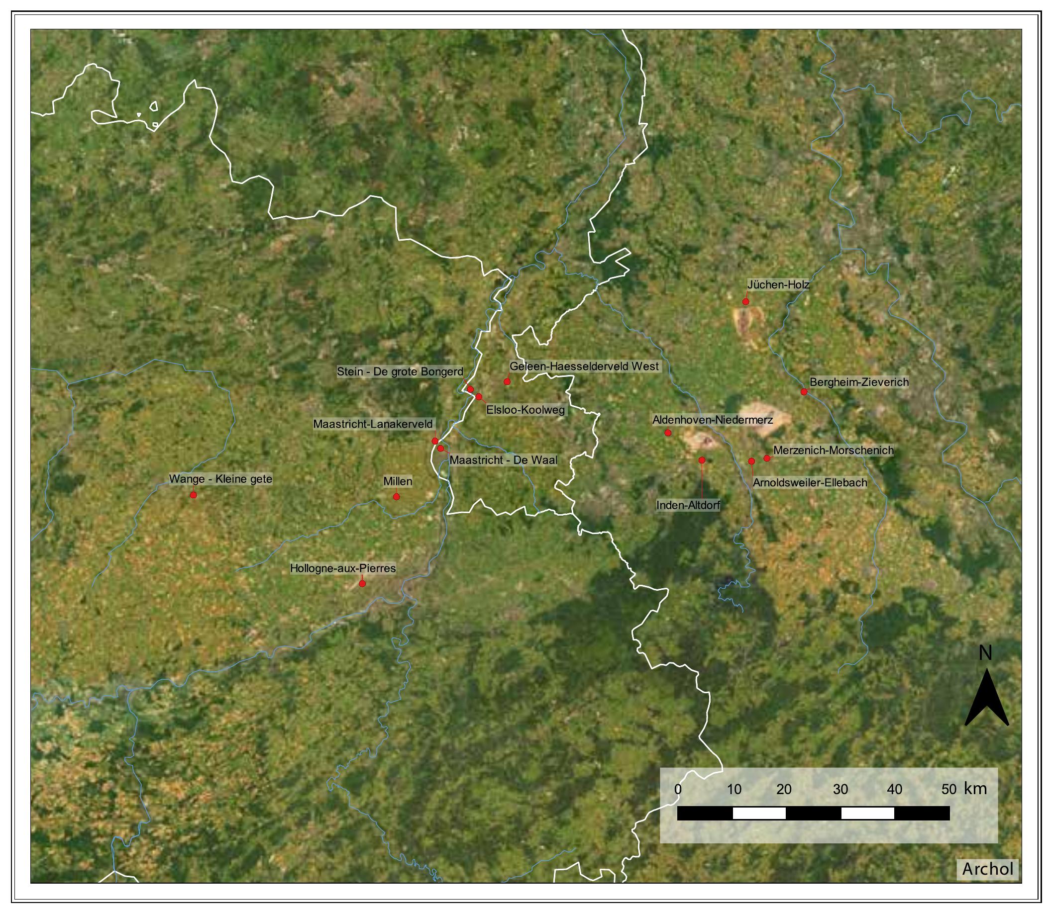 Fig. 3.2 Distribution of Bandkeramik burial sites in the Rhine-Meuse arez  preserved Mesolithic burials there seems to bea great variation in the orientation and positioning of the body, the types and number of burial goods as well as the structure of the grave."3 This variation is also documented with respect to burial goods such as tools, weapons, jewellery, animal bones and shells or even the furnishing of the grave with red pigments and rocks. Both sexes and all age groups have been documented, ranging from preterm infants to seniors. Overall elderly people, the most senior, seem to be lacking and infant graves are underrepresented, as infant mortality is believed to be high.” All in all, these heterogeneous burial rites paint a diverse picture which makes it difficult to make statements about social differentiation regarding age, sex, social status or manner of death of the deceased individual. Regional patterns have been recognised, but there still is a high degree of individuality with respect to the location and construction of the graves, as well as to the treatment of the dead.” Even at one site burial  practices may differ and could be representative for changing burial rites through time or differences between specific groups that each used the burial site in their own way according to their own specific rituals. This provides a sharp contrast to the LBK, which is the first culture with large cemeteries and more or less regular burial practices in North-west Europe. 