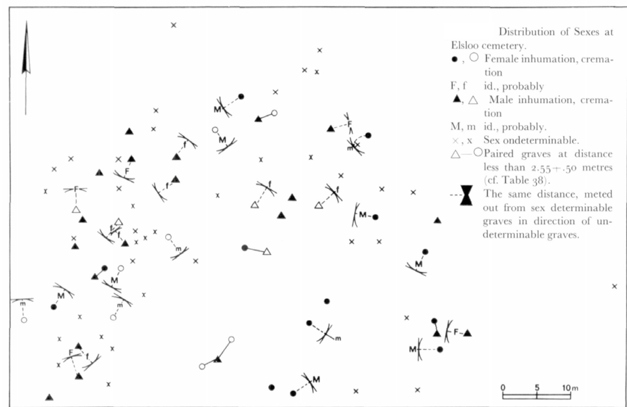 Fig. 3.4 Distribution of sexed genders at Elsloo cemetery (source: Van de Velde 1979, Fig. 27).  The earliest indication of a potential burial site is known from the site Maastricht-De Waal, a gravel and loam quarry just north of the city of Maastricht.’ In December 1927 workers of the quarry found the skeletal remains of ahumanina crouched position at a depth of 3.5-q m; no grave goods were discovered.” The remains were inspected on site by the director of the Natural History Museum of Maastricht. He interpreted the skeletal remains as being ‘modern’, probably belonging to a soldier who died during one of the historical sieges of Maastricht. However, the crouched position and depth below the decalcified loess might be an indication that he was wrong. Crouched positions are not known from any soldier or other historic graves, as 