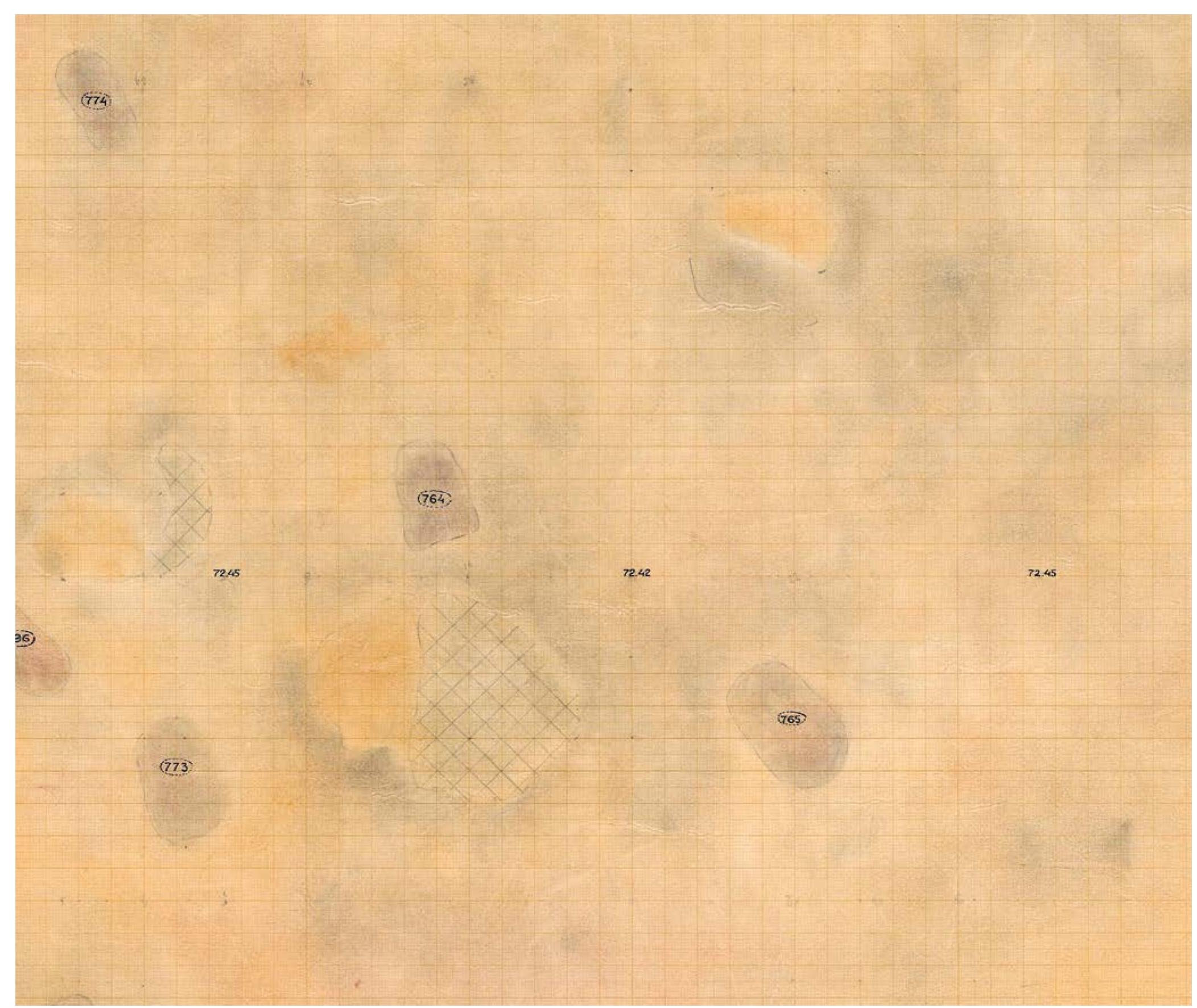 Fig. 4.1 Example of the 1966 field drawings showing graves 76 (find number 774), 86 (find number 764), 87 (find number 76s) and 89 (find number 773). 