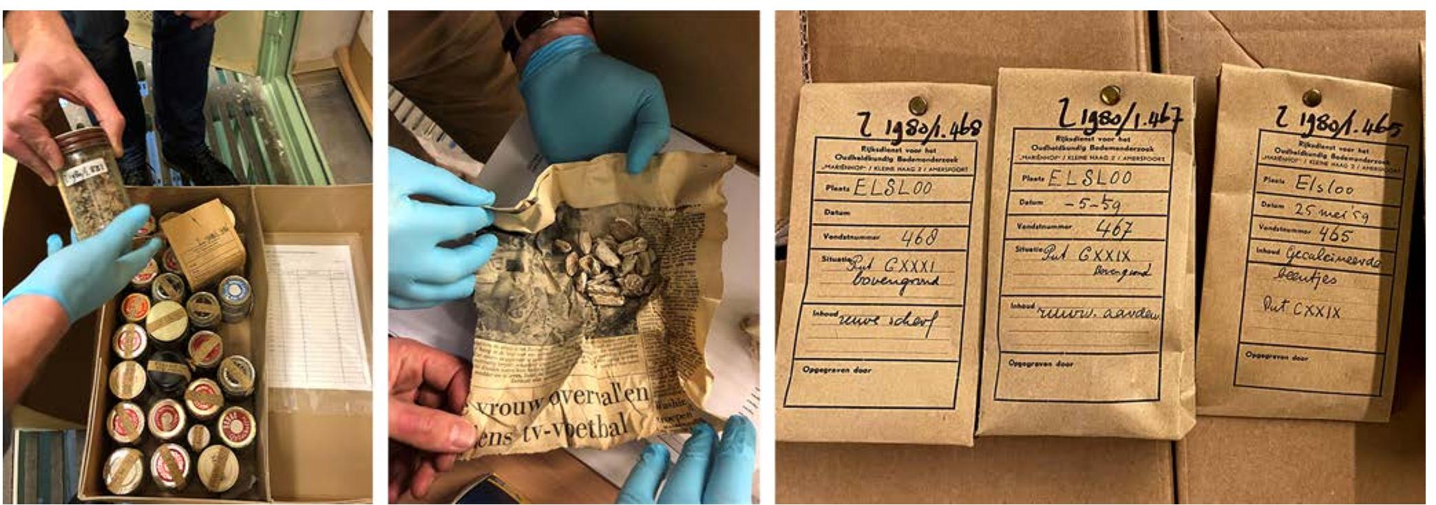 Fig. 4.2 Examples of the original packaging of finds, calcined bones and soil samples (from left to right: instant coffee pots, newspapers and paper bags). 