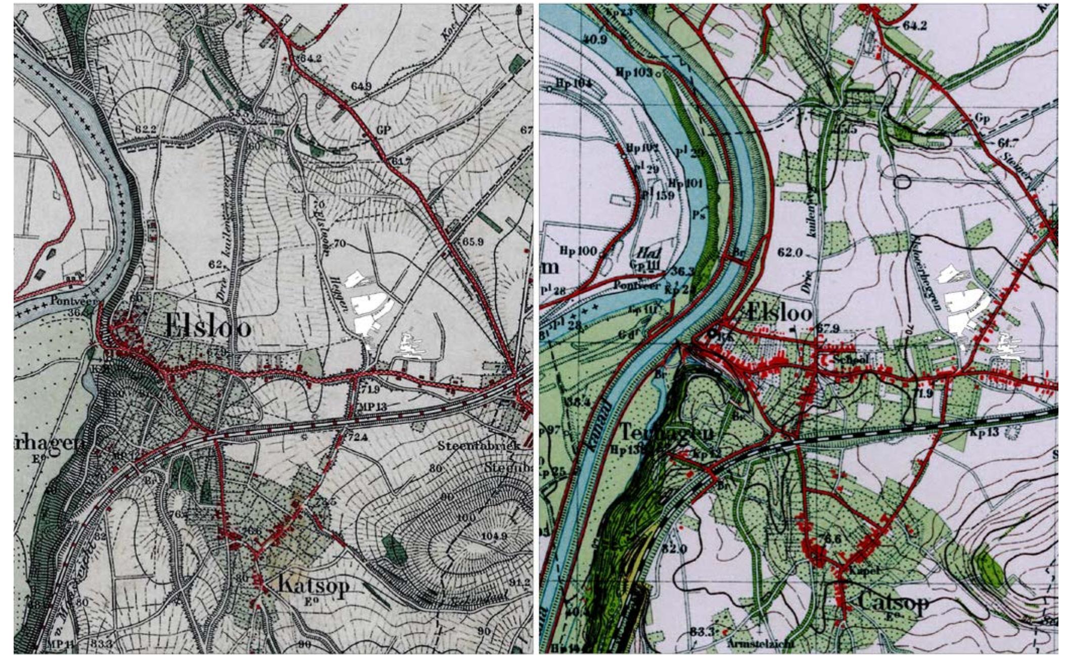 Fig. 5.2 Topographical map of Elsloo in 1925 (left) and 1949 (right) after the canalisation works were completed.  The excavations in Elsloo are to date the largest in the Netherlands, uncovering an LBK settlement which spans an area of over 17 ha and a burial ground which covers an area of 96 by 64 metres and comprises a total of 113 graves (Fig. 6.1). The burial ground of Elsloo-Koolweg was discovered in 1959 during the initial rescue excavations of the LBK settlement.?“ The western part of the burial ground was excavated later on, in 1966. The large LBK settlement is located only 50 metres to the south.  These building activities provided ample opportunities for local archaeologist and general practitioner H.J. Beckers and his son to make investigations at various construction sites. Due to his efforts multiple archaeological finds and sites have been discovered. Various excavations of predominantly Iron Age, Roman and Medieval sites took place, sometimes in 