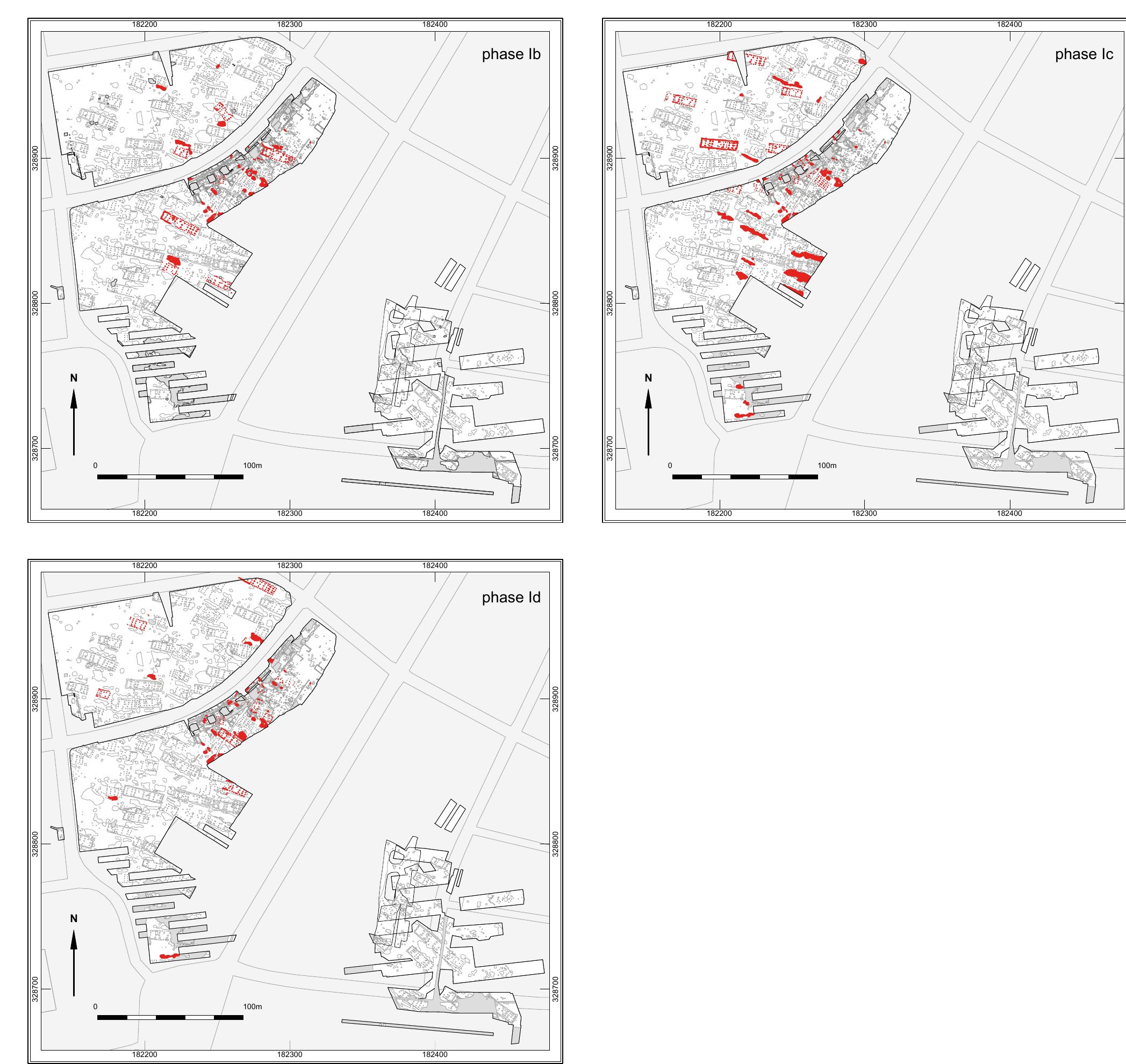 Fig. 5.7 Habitation phases of Elsloo-Koolweg. Structures of a designated phase are marked in red (source: Van Wijk & Porreij-Lyklema 2015, Fig. 14.2 and 14.3 