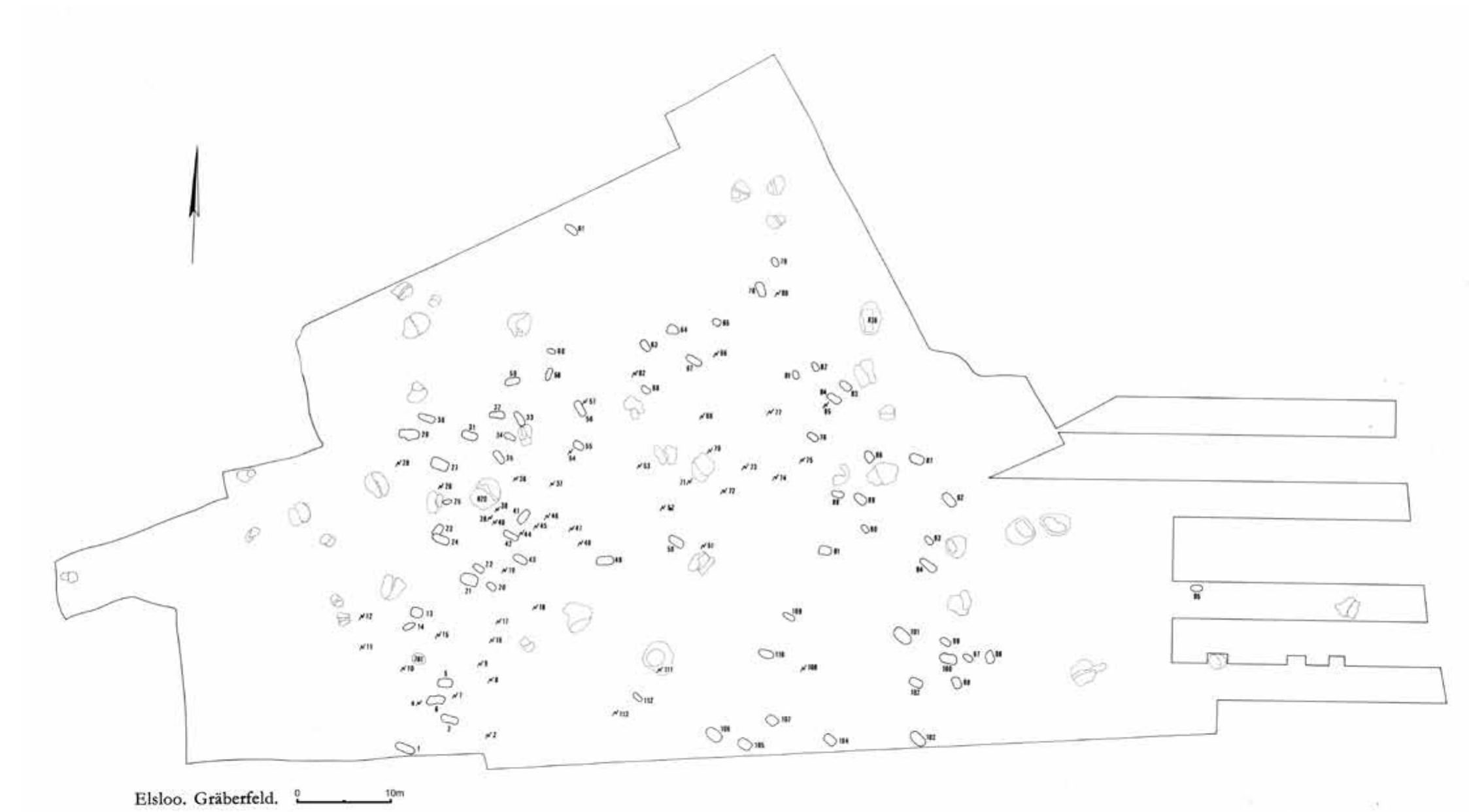 Fig. 6.1 Overview of the LBK burial ground of Elsloo-Koolweg as excavated by Modderman (source: Modderman 1970, tafel 118).  The excavations of the burial ground and its results were extensively published by Modderman and provide a solid overview of the site and its findings. During the explanatory phase of our project, additional information came to light. This chapter focusses on combining this new data with Modderman’s original publication as well as the study by Van de Velde.45 