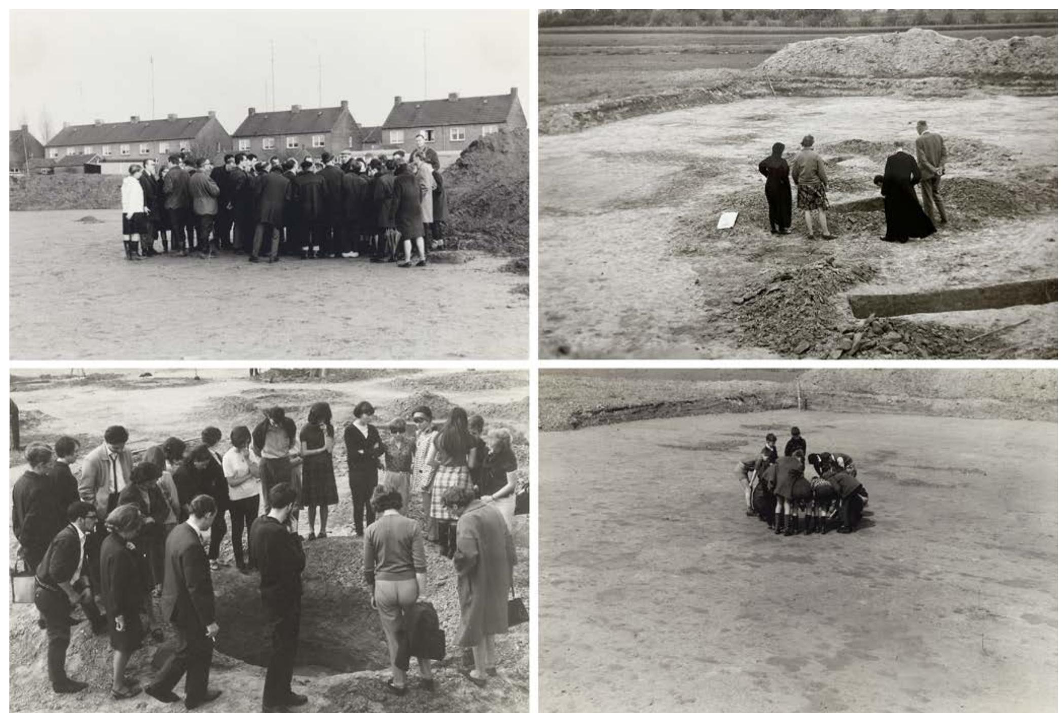 Fig. 6.2 Photocollage of curious visitors, Father Munsters with a nun, villagers and school kids visiting the sites and getting a tour by Modderman  During this campaign almost 100 inhumation and, surprisingly, cremation graves were excavated in an area of ca. 48 by 98 m (ca. qooo m?). In total 113 graves were found covering an area of 6150 m*. The total number of graves was probably larger, as the southernmost part of the grounds have not been excavated and some cremation graves might have been ploughed up as indicated by interments of calcined bones which were always found at a shallow depth.7° The cemetery is almost completely excavated and there is good reason to believe that at that time the boundaries of this burial ground were established in a northern, western and eastern direction. Observations made during road construction in 1967 did not reveal a single trace of burials. The southern boundary must lie ina 