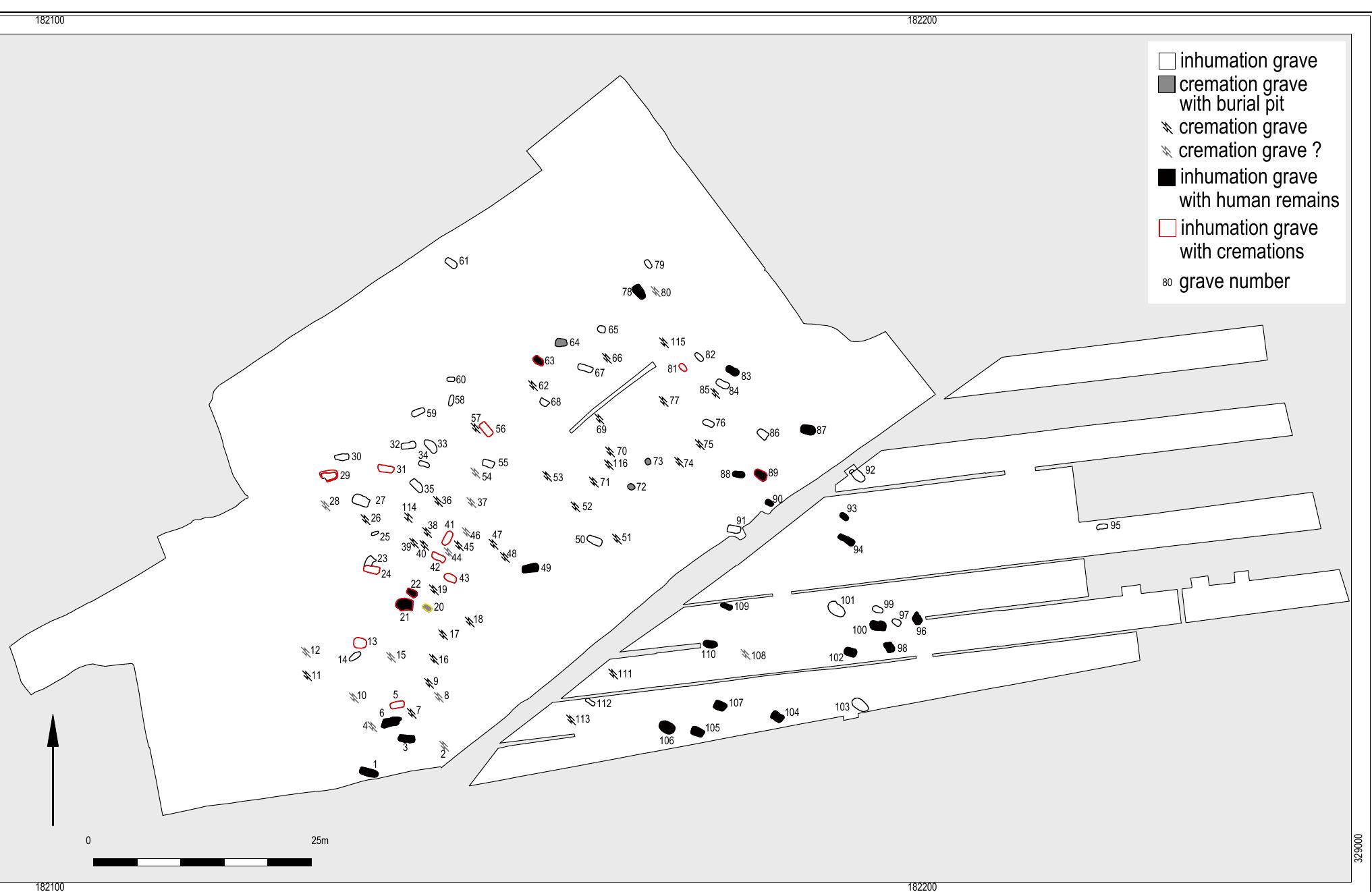 Fig. 6.10 Distribution of inhumation and cremation graves with human remains (tooth enamel, body shadows and cremation remains).  or tooth enamel seems to be restricted to the eastern part of the burial ground, as well as the south-western part. The occurrence of calcined bones seems to be more restricted to the graves in the western part of the cemetery. There seems to be no relation between the depth of the burial pits and favourable conditions for preservation, as the depth at which body shadows and enamel were preserved ranges from 0.8 up to1.51m below the topsoil. Modderman, however, does point out that according to him the shallowness of the north-western graves accounts for the bad preservation of either body shadows or tooth enamel (Fig. 6.10).7° The other q2 presumed inhumation grave pits were over 0.6 m long (up to 1.8 m), 0.4 m wide (up to 1.1 m) and over 0.5 m deep (up to 1.24 m). Eleven contained some calcined bone in the fill of the pit. Most of these potential graves (33 graves) contained one or more finds. Only nine out of q2 yielded finds in the fill and nine others yielded no finds at all (apart from some charcoal). However, their dimensions are similar to inhumation graves with finds and/or human   remains and they are therefore classified as inhumation pits. Pits 23 (feature 1032), 29 (feature 209) and 68 (feature 170) had irregular shapes which led the original excavators to question their classification as burial pits. All hree pits contained hardly any finds apart from ome weathered ceramic sherds. The irregular hape and lack of finds lead us to declassify hese pits as burial pits. However, they could have had another function in the burial ground.  t Ss Ss t 