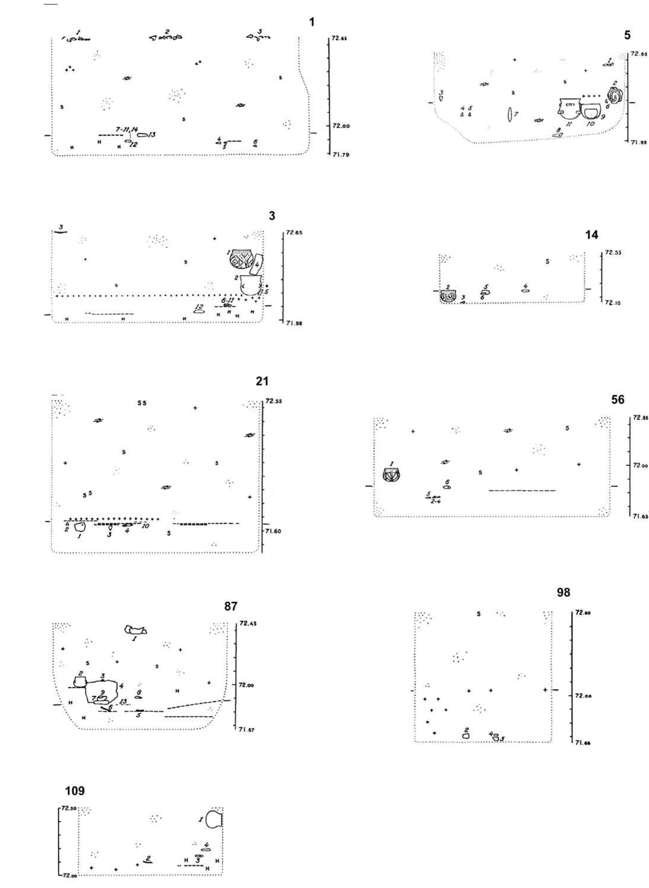 Fig. 6.12 Cross sections of graves 1, 3, 5, 14, 21, 56, 87, 98 and 109 with finds in the fill (source: Modderman 1970) 
