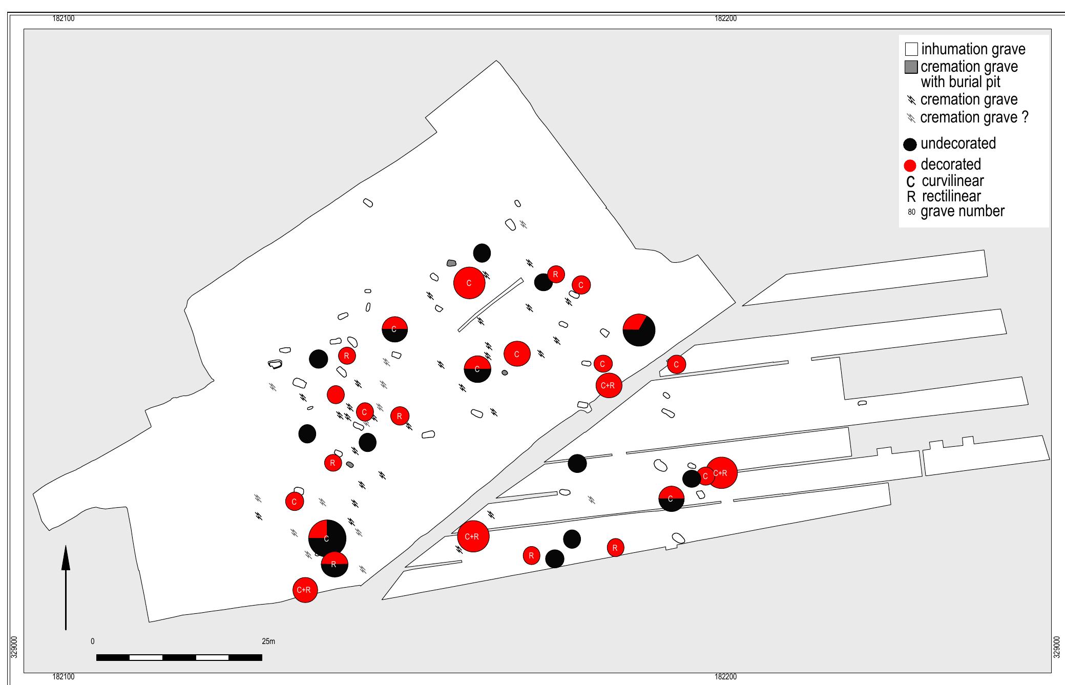 Fig. 8.1 Graves with decorated and/or undecorated pottery as well as kind of decoration (curvilinear vs rectilinear).  1309 sherds have been extensively analysed and could be attributed to 130 sherd families (SF) or vessels originating from 56 graves (Table 8.1). Most of the decorated sherds have already been drawn and/or photographed, and were published by Modderman.33 Most of the grave goods, including the (complete) pottery vessels, have also been photographed by the RMO (Fig. 8.2).34 This allowed us to study the remaining 18 vessels which were on display or on loan. Most of the complete vessels are reconstructed, which means that they were refitted and plaster was added to complete the vessel. It should be noted that the number of sherds includes these reconstructed vessels, for which the sherd count is one. It should be emphasised that almost all ‘complete’ vessels show signs of wear, e.g. that sherds are missing and the vessels therefore are not completely intact.  were not published. For this analysis, all the sherds present within the RMO inventory have been analysed, apart from the mostly complete vessels on display. These have been documented in photographs and/or drawings, and the published grave catalogue. Not all sherds were counted and described. Find numbers attributed to spoil heaps and other randomly gathered sherds without context are not studied at all. Some sherds showed severe wear patterns which indicated they must have been lying on the surface for a longer period. Because of their weathered state it is more or less impossible to describe these sherds in detail. For each find number or grave it is recorded whether such sherds were present or not. 