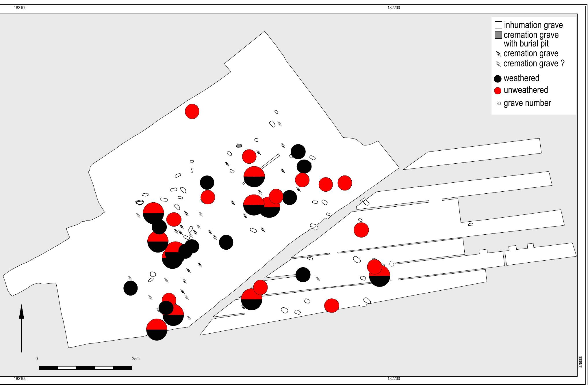 Fig. 8.3 Distribution map of burials with ceramic sherds.  vegetation and animals. They probably have ended up in the burial pits by accident. They could be regarded as waste; the question remains what kind of activity yielded this ‘waste’. But sometimes even complete pots have a very weathered surface, although they are still completely intact (e.g. graves 21, 90 and 1124). Acidic conditions within a pit could have caused weathering as well, for example due to decomposing organic matter like (human) flesh, plants or animal meat. Weathered sherds (371 sherds, 32 SFs) are found in as many as 25 graves (including 9 cremation graves). A single sherd can be broken into several smaller fragments. We investigated the total surface area of these sherds to make a more representative estimate of single sherds that ended up ina grave. Sherds with a larger surface area or multiple sherds from the same vessel are disqualified as stray finds. Nineteen graves (of which 7 cremation graves) contained weathered sherds that had a surface area of less than 100 cm? and also belonged to the same SF. They are regarded as stray finds which —we believe— ended up unintentionally in the burial pit. In nine graves  As many as 45 graves contain ceramic sherds in the fill or in the fill and at the base. Most of them are inhumation graves (37 graves), simply because inhumation graves have a (deeper) burial pit. Because most cremation burials were dug in very shallow, it has been stated that most pottery or other grave goods from these shallow graves are missing. Only six cremation graves contained pottery, but probably more cremation graves contained pottery. Sometimes these sherds are found in concentrations of multiple sherds, for example in grave 1, which has three separate concentrations in the top of the fill belonging to three different vessels. But most frequently (concentrations of) sherds are scattered throughout the pit or on the pit bottom. The preservation of these sherds varies from nearly pristine to very weathered. Weathered sherds most often have been lying on the surface for a 