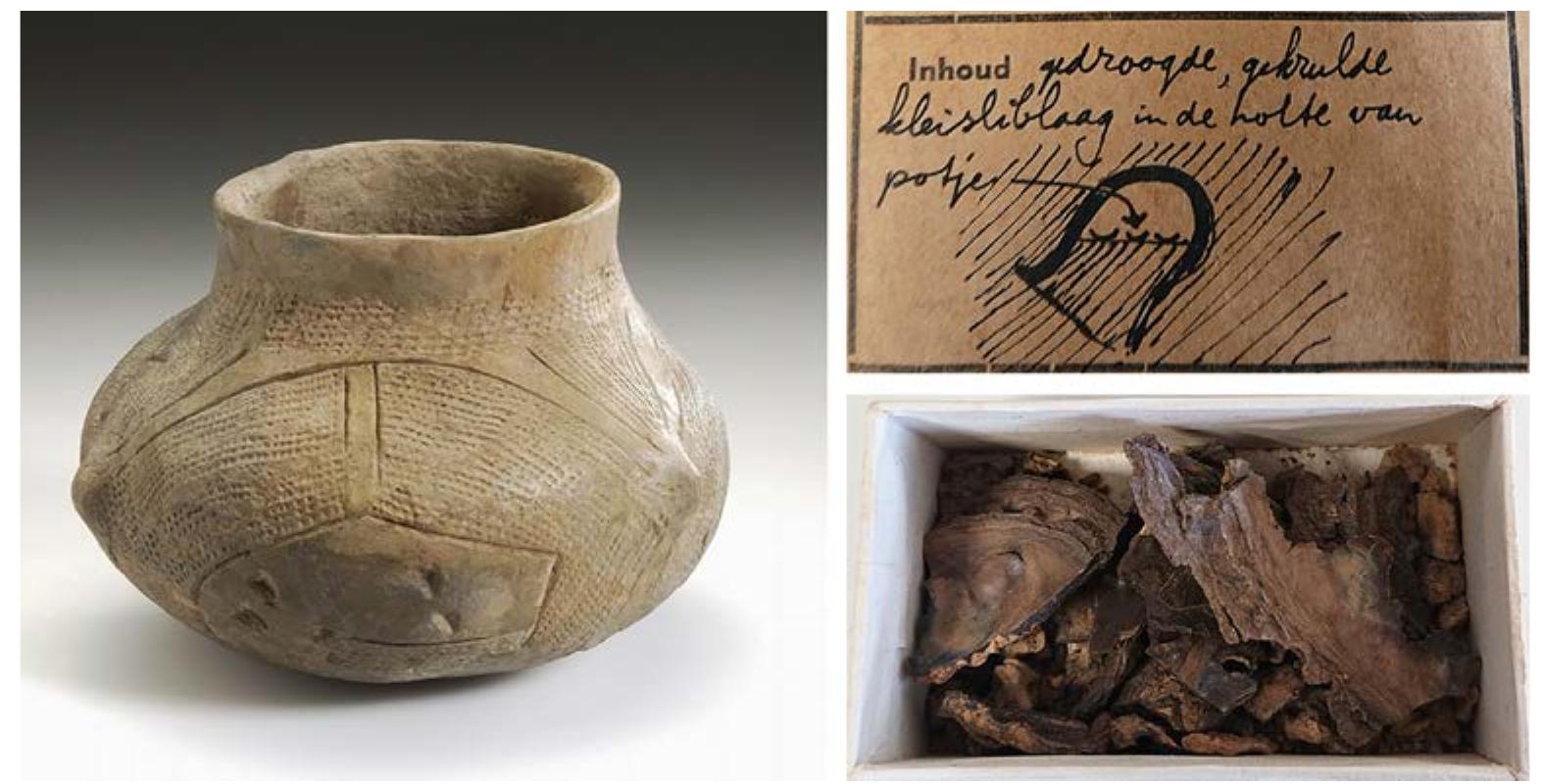 Fig. 11.3 The sampled LBK pot v.506 (left), the orientation of the pot during excavation (above right) and the dried silt layer (below right) from which the pollen sample was taken. 