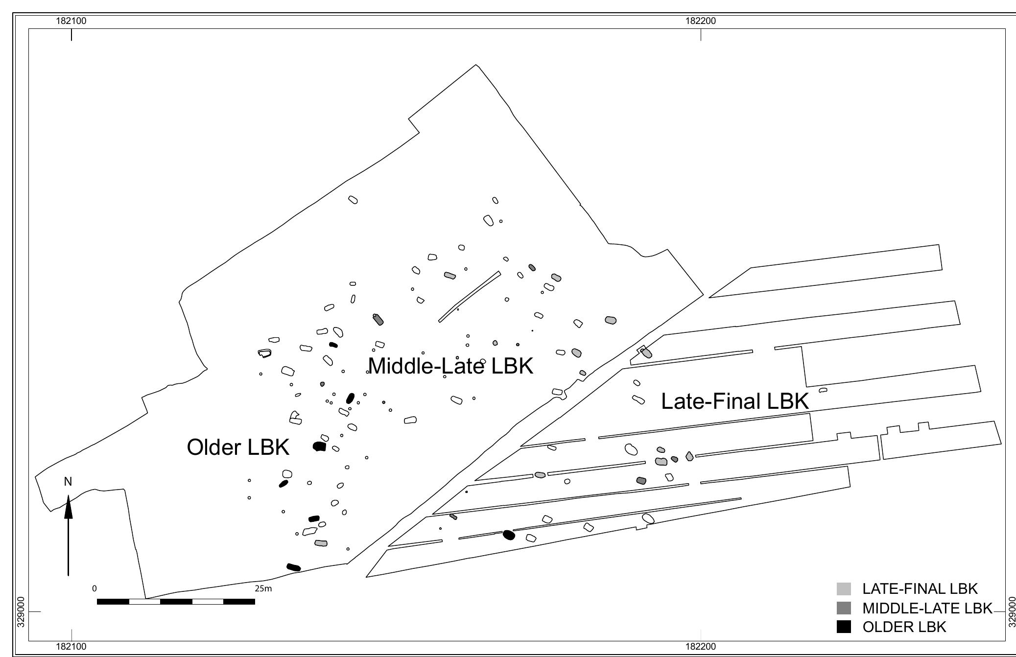 Fig. 12.3 Schematic chronological distribution of the graves.  As to the inner lay-out of the burial ground, four grave clusters have been identified by Van de Velde. The clusters are quite different in size, and the amounts of grave good categories vary from clusters to clusters, even when taking the size of these clusters into account. These clusters supposedly belong to different lineages or kin groups who had different rituals concerning the burial rites.5”  that cremation graves were being added during the last phases of use of the burial ground. The burial ground was kept in use until the Final LBK and therefore coexisted with the settlement 
