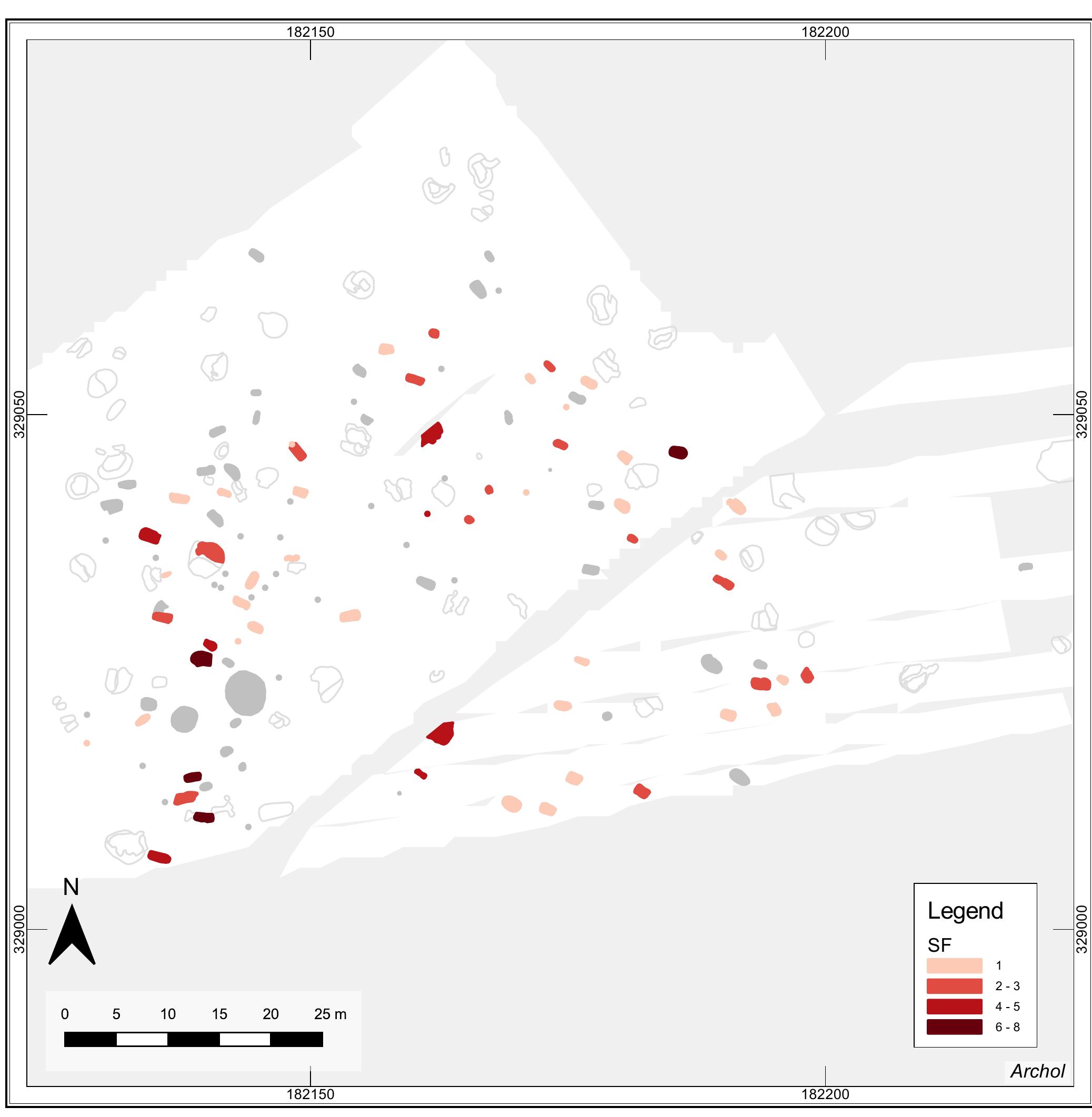 Fig. 12.7 Distribution of pottery per inhumation and cremation grave (SF = Sherd Family). 