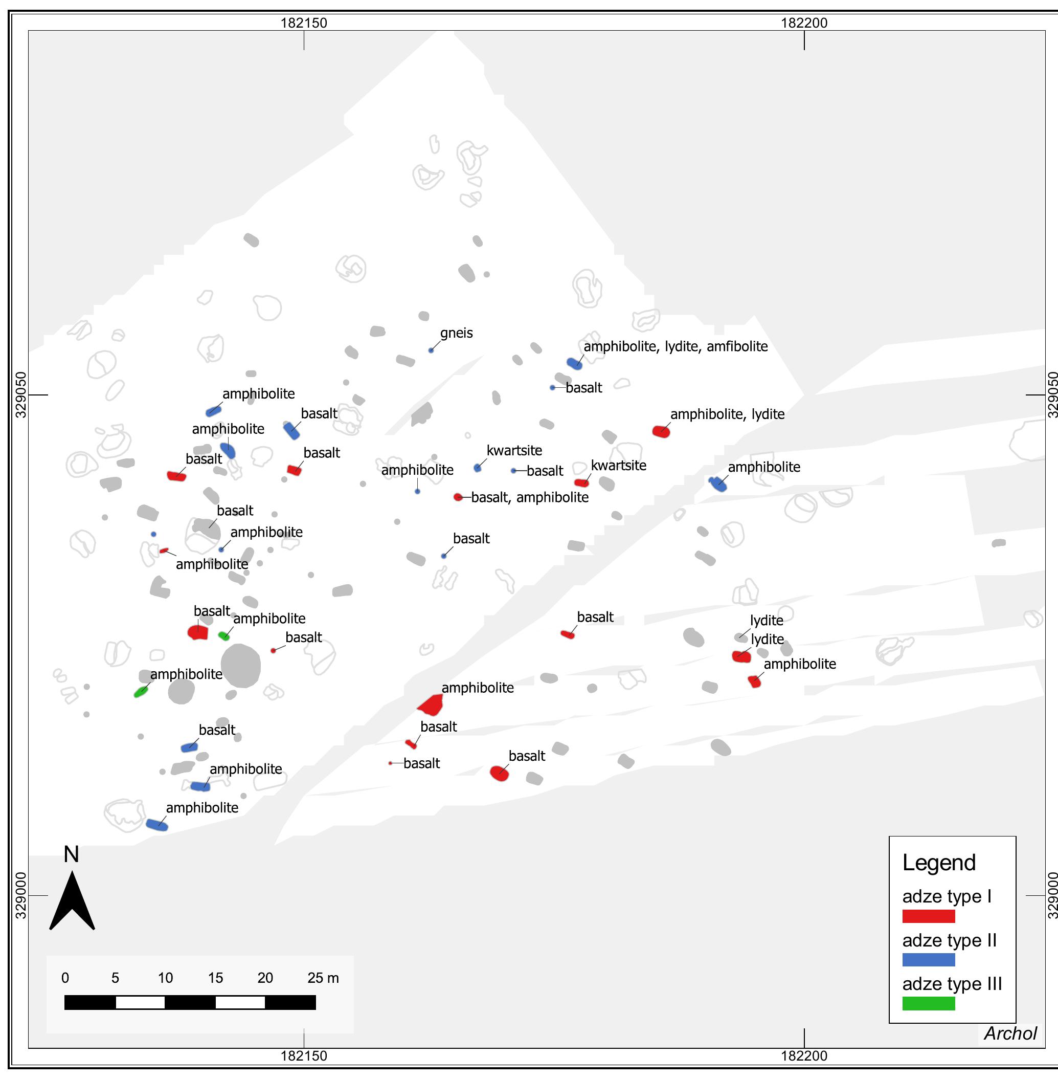 Fig. 12.8 Distribution of adzes according to type and raw material. 