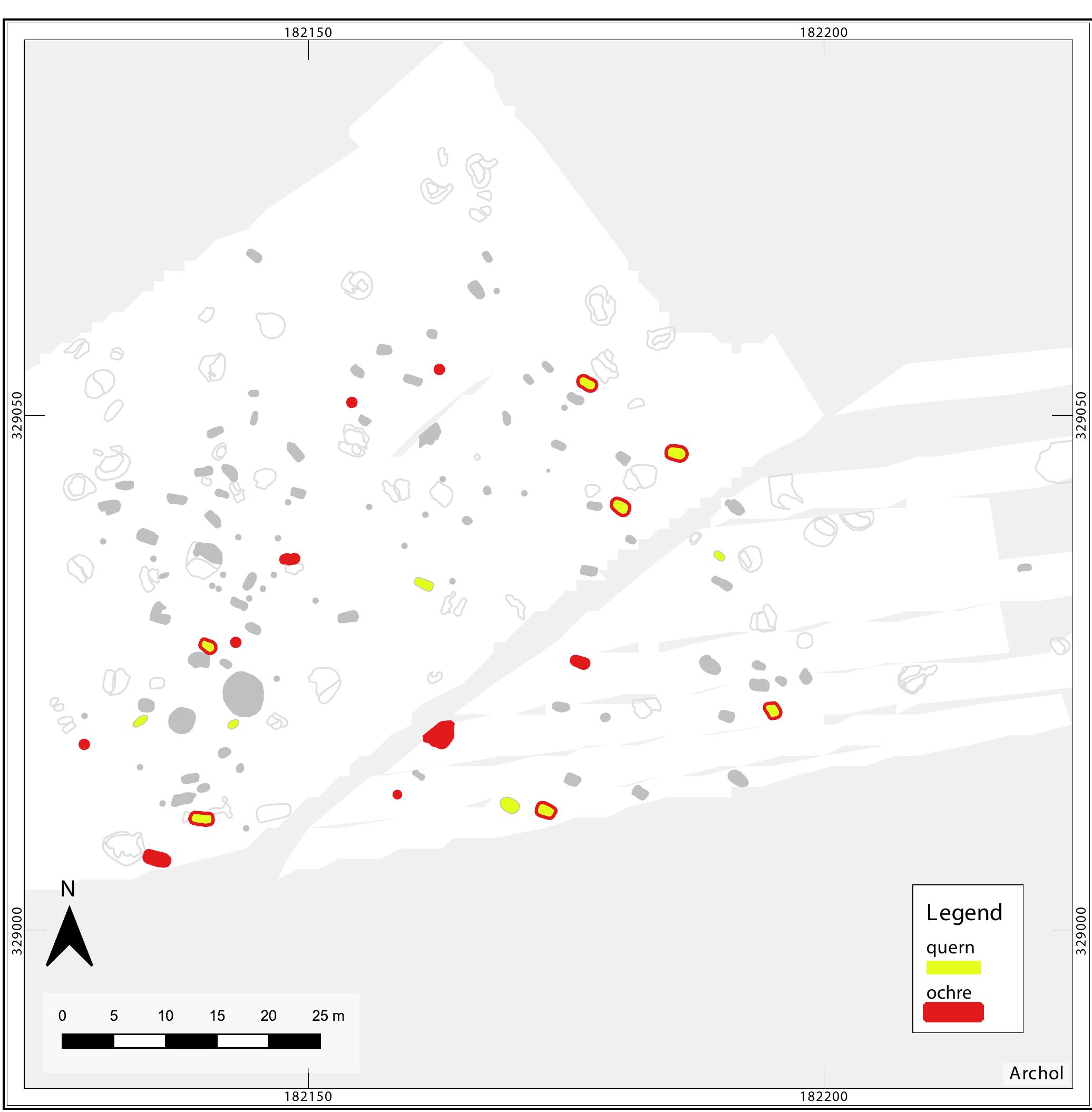 Fig. 12.9 Distribution of querns and red ochre. 