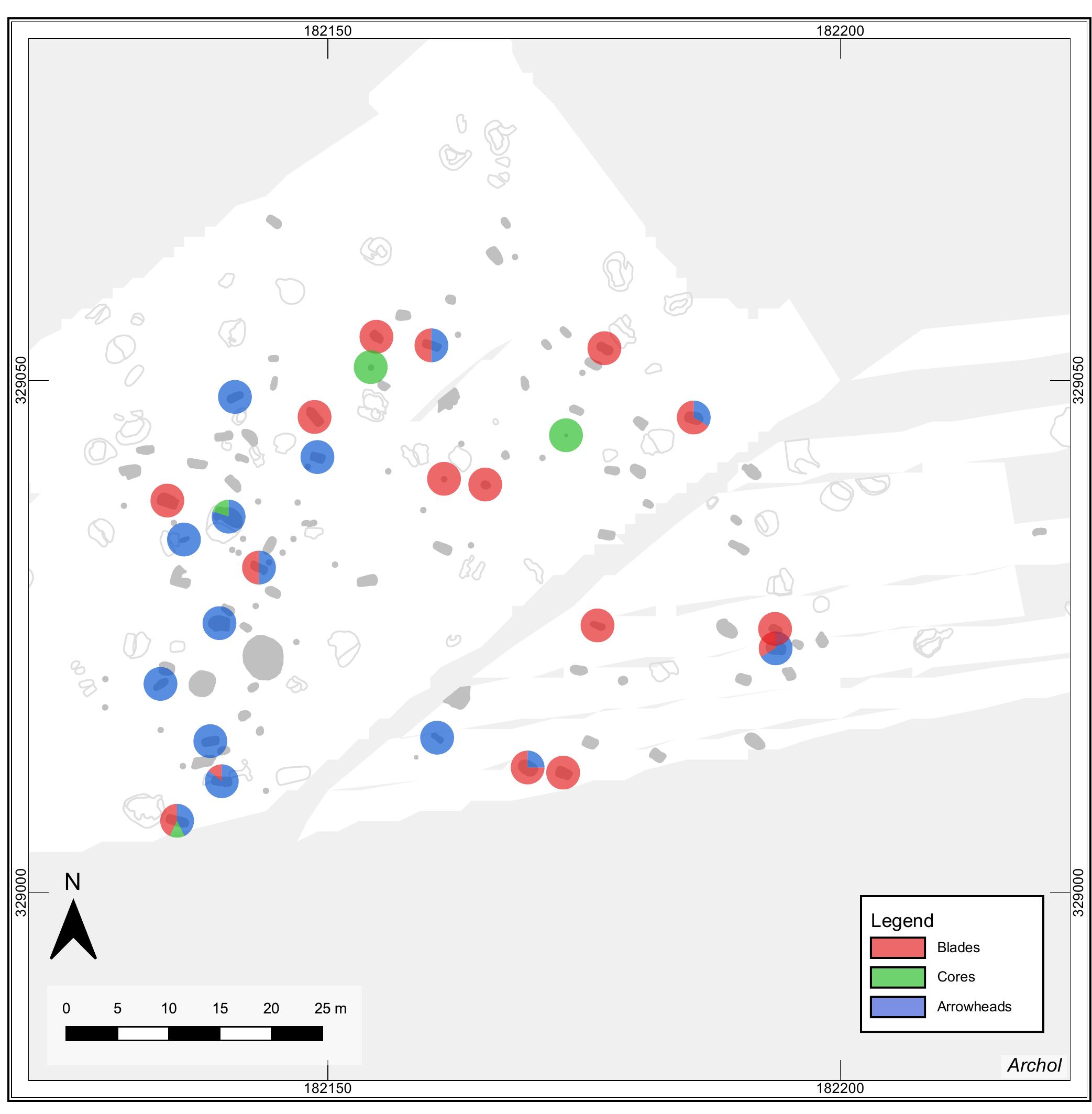 Fig. 12.10 Distribution of flint blades, cores and arrowheads. 