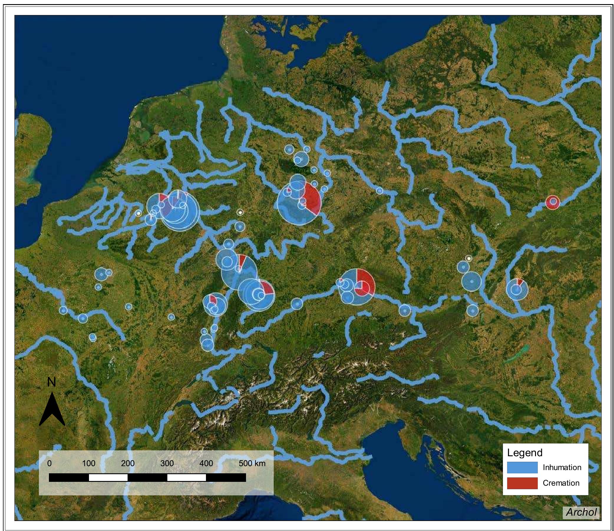 Fig. 13.2 Distribution of burial grounds with cremation and inhumation graves.  As illustrated before Elsloo-Koolweg stands out for its many cremation graves. As Table 3.3  shows, not many burial sites with significant numbers of cremation graves are known. No more than 12 percent of the total amount of know burials are cremations. But sites like Aiterhofen, Fellbach-Oeffingen, Ingenheim, Stephansposching and Wandersleben raise the question whether this is caused by regional variability in the burial ritual or is a result of taphonomy. The finds retrieved during field surveys at the site of Arnoldsweiler indicate that many more (cremation) graves presumably existed, but have been eroded or destroyed by subsequent agricultural activities. For Stephansposching, it is also estimated that numerous graves have been completely  