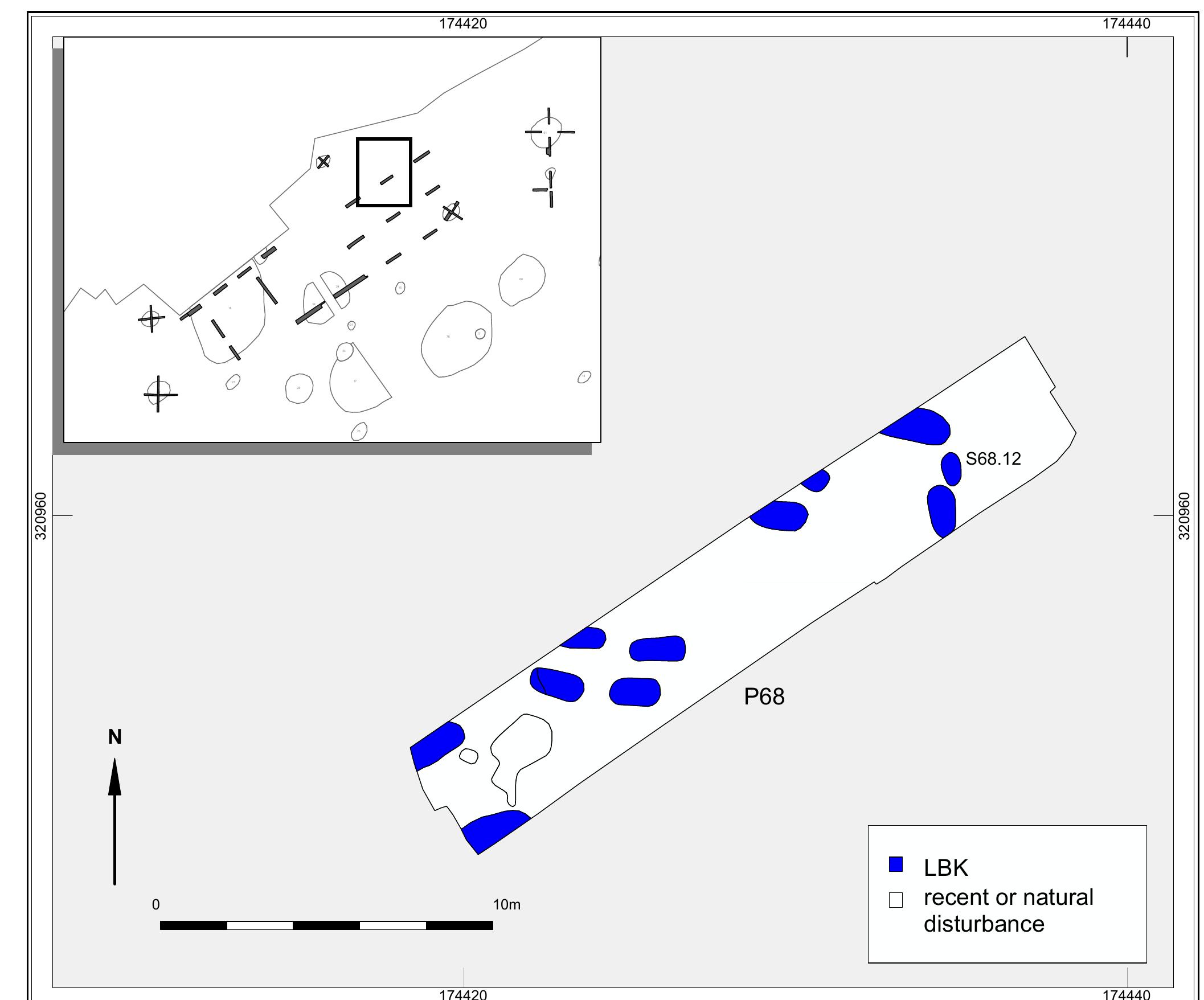 Fig. 1.3 Overview of the LBK graves of Maastricht-Lanakerveld (source: Van Wijk & Meurkens 2008, Fig. 6. 17).  Grave 68.12 (Fig. 1.5) yielded six different objects: a large fragment of a decorated vessel (dated to ceramic phase Ila or IIb), a quern of quartzite with a lump of red ochre, a basalt flat adze (type III), a flint strike-a-light and a small decortication flake of Banholt flint (Fig. I.q). The objects were clustered in two separate groups, one of which consisted of the vessel, the quern and the lump of ochre; the other included the adze, the strike-a-light and the flake. The adze and the strike-a-light were partly covered and sealed with a grainy, rust-coloured material of an unclear nature. A similar material was found in the cemetery of Elsloo (grave 21) and in several graves in Niedermerz on the 