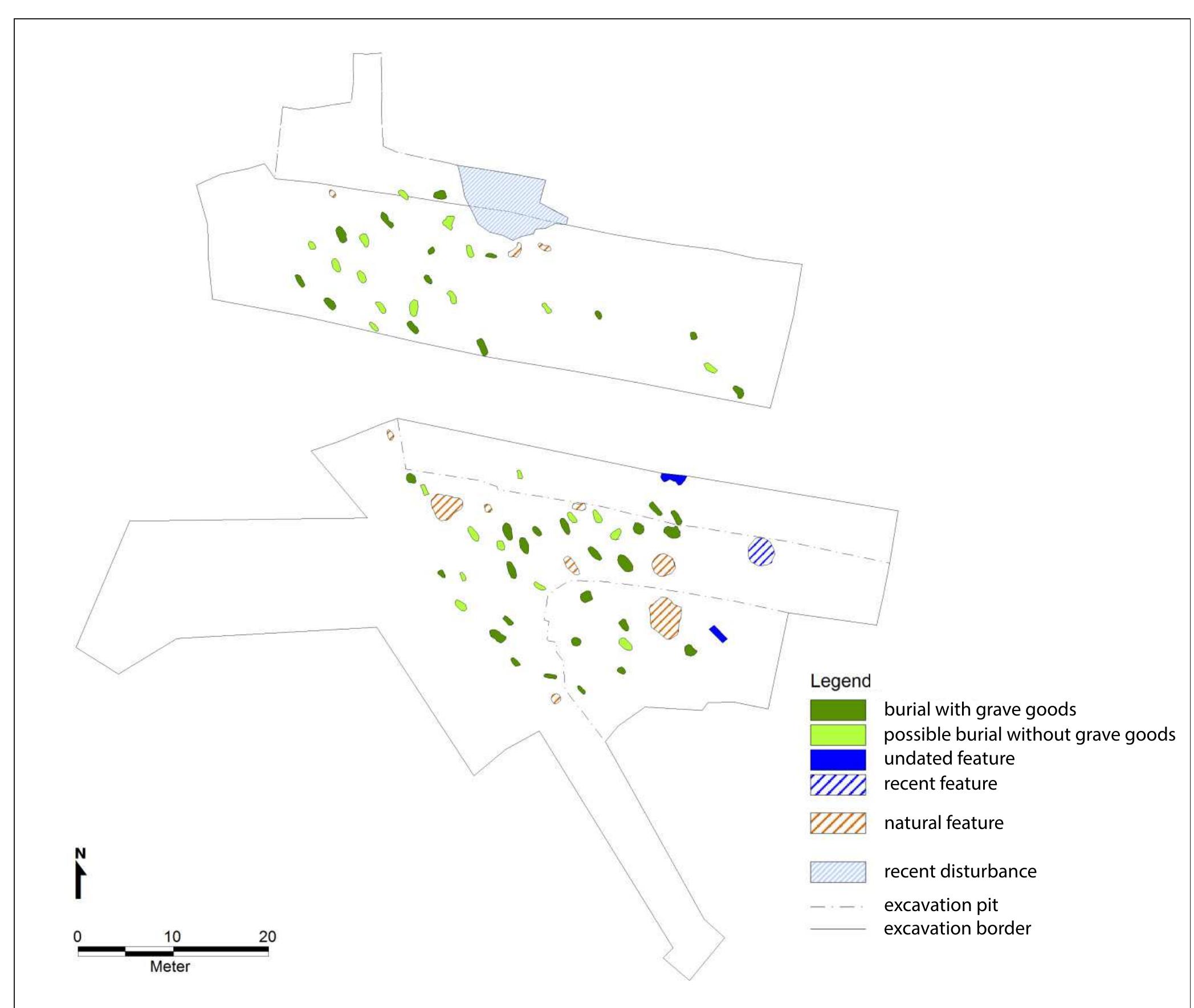 Fig. II.8 Plan of the burial site Jichen-Holz as excavated in 2010 and 2011 (source: Hartel 2012, Abb. 2).  Artefacts were found in 36 burial pits (Appendix VIII Inventory list of the Jéchen-Holz burial ground). The spectrum is characteristic of LBK grave goods. Some were situated directly under the topsoil, which suggests that grave goods were also deposited in the upper part of some of the pits. The artefacts found in the burial pits are mainly ceramic vessels, ceramic sherds, adzes, as well as blades and arrowheads made of flint (Fig. II.9). In a smaller number of graves, artefacts of predominantly red-coloured iron oxide minerals were also found (presumably red ochre), which were apparently used to produce dyes or for direct colouring of surfaces. In addition, eight grinding stones were found in  As mentioned, many ceramic vessels have been found. Two vessels contained burned bone fragments as temper. This is a feature of the Limburg and La Hoguette groups. Another vessel has Hinkelstein ornaments (triangle motif) together with LBK motifs, and another had a Bandkeramik motif together with several strange-looking motifs.” Such vessels are not  yet known from any other burial ground. O)n tha Racic nf tha darnratad nnttrary tha 