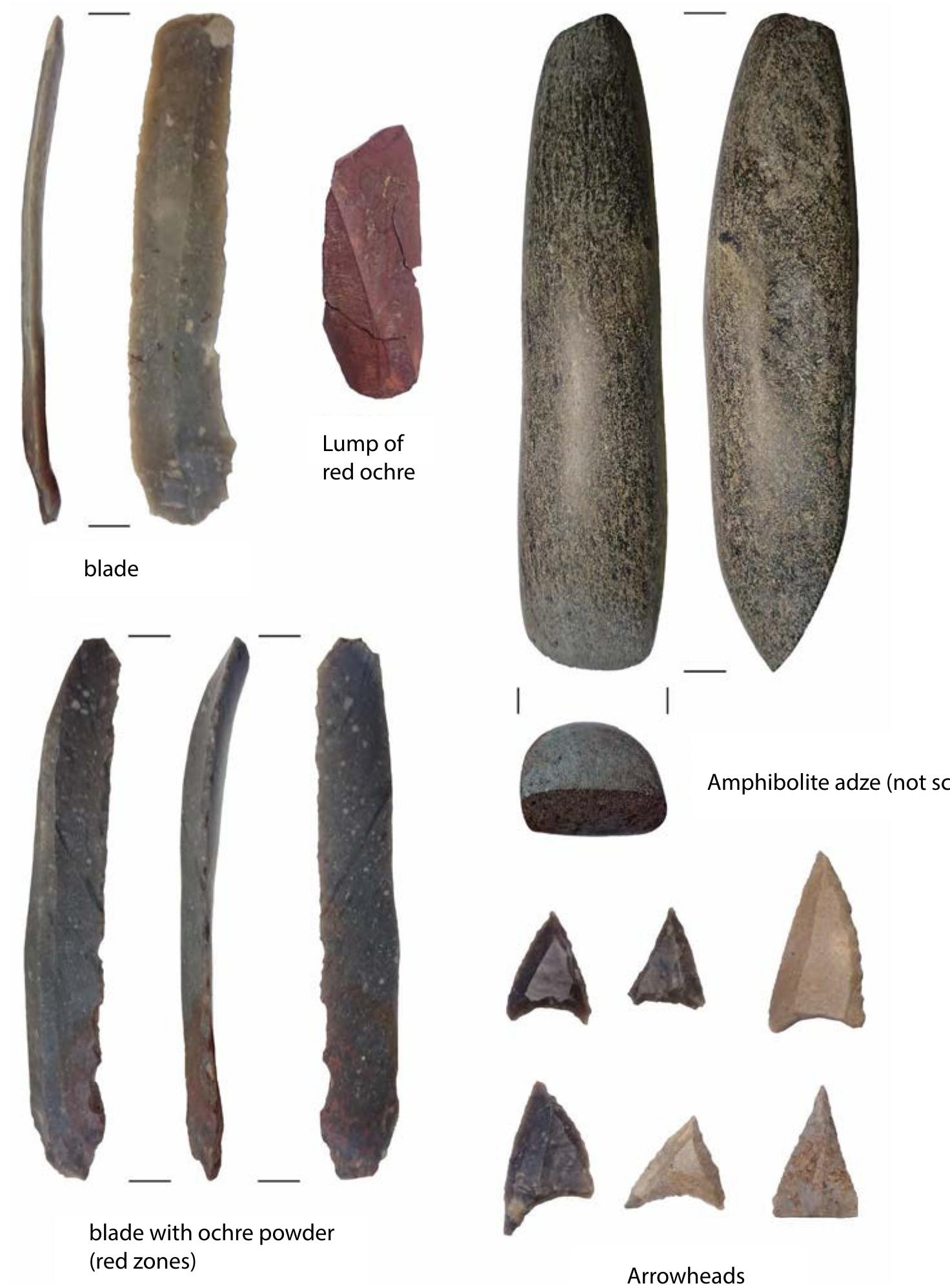 Fig. II.9 Selection of stone and flint artefacts from Jiichen-Holz (source: Hartel 2011, Abb. 4).  activities made it possible to excavate a LBK burial ground and settlement before it was impacted by the open cast mining.” The excavations started in 2006 and lasted, with interruptions, until 2010. A full analysis of the results has unfortunately not taken place due to changes in personnel. A complete site plan and grave catalogue are still in progress.” A preliminary report, published in 2009, provided some information on the first 158 graves that were excavated. Up to now over 280 graves are  use of the burial site can be dated to a period beginning in the Late LBK until the Final LBK. The burial ground probably was only in use for two or three generations.”” 