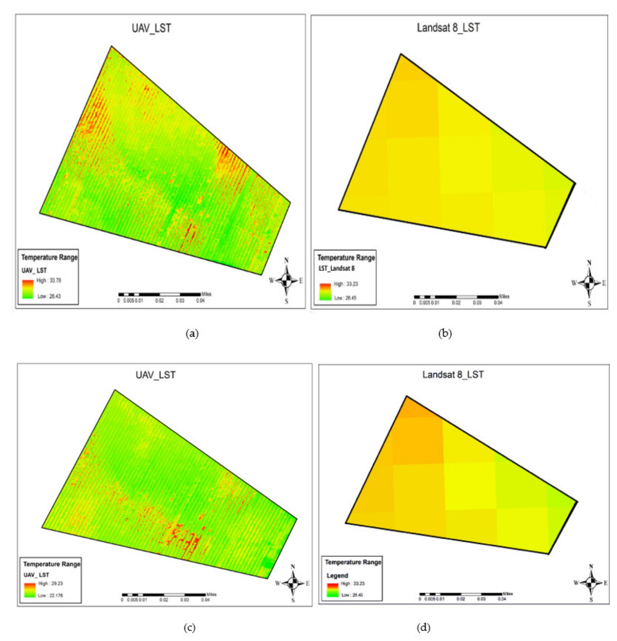 Lst orthomosaic images between the uav and landsat 8, (a,b)