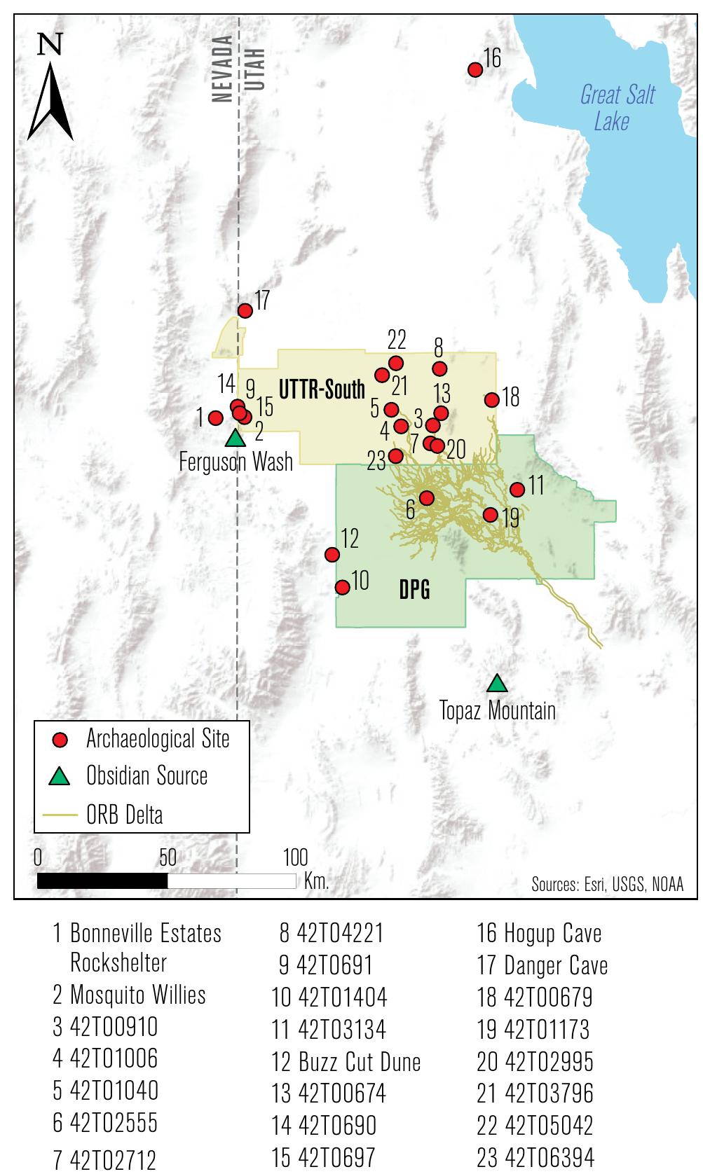 Figure 1. Map displaying the locations of archaeological sites where Ferguson Wash obsidian has been identified. 