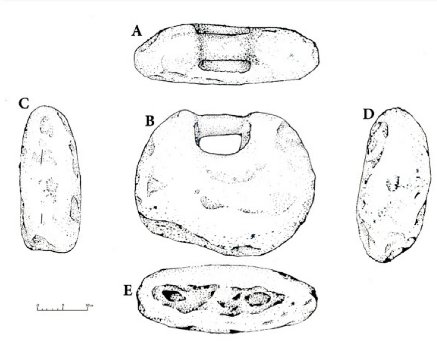 Fig. 5. Stone Objects No. 1. A, Above; B, Front; C and D, Sides and E, Bottom  order to develop a relative chronology of the site.  The potteries of this group have been decorated by using ochre and black col- ors. Their motif is geometrical and their decoration plan includes: a plan com- bined with a chain of scallops (jags) in which, transverse hachured triangles are put (Fig. 8: No. 1); a freeze consisting of wavy lines (Fig. 8: No. 2); a freeze com- prised of a chain of additional triangles having transverse lines together with hor- izontal lines (Fig. 8: No. 3). The paste in this group of potteries is buff and dark as well as sufficiently baked, therefore have suitable and enough compactness and strength. 